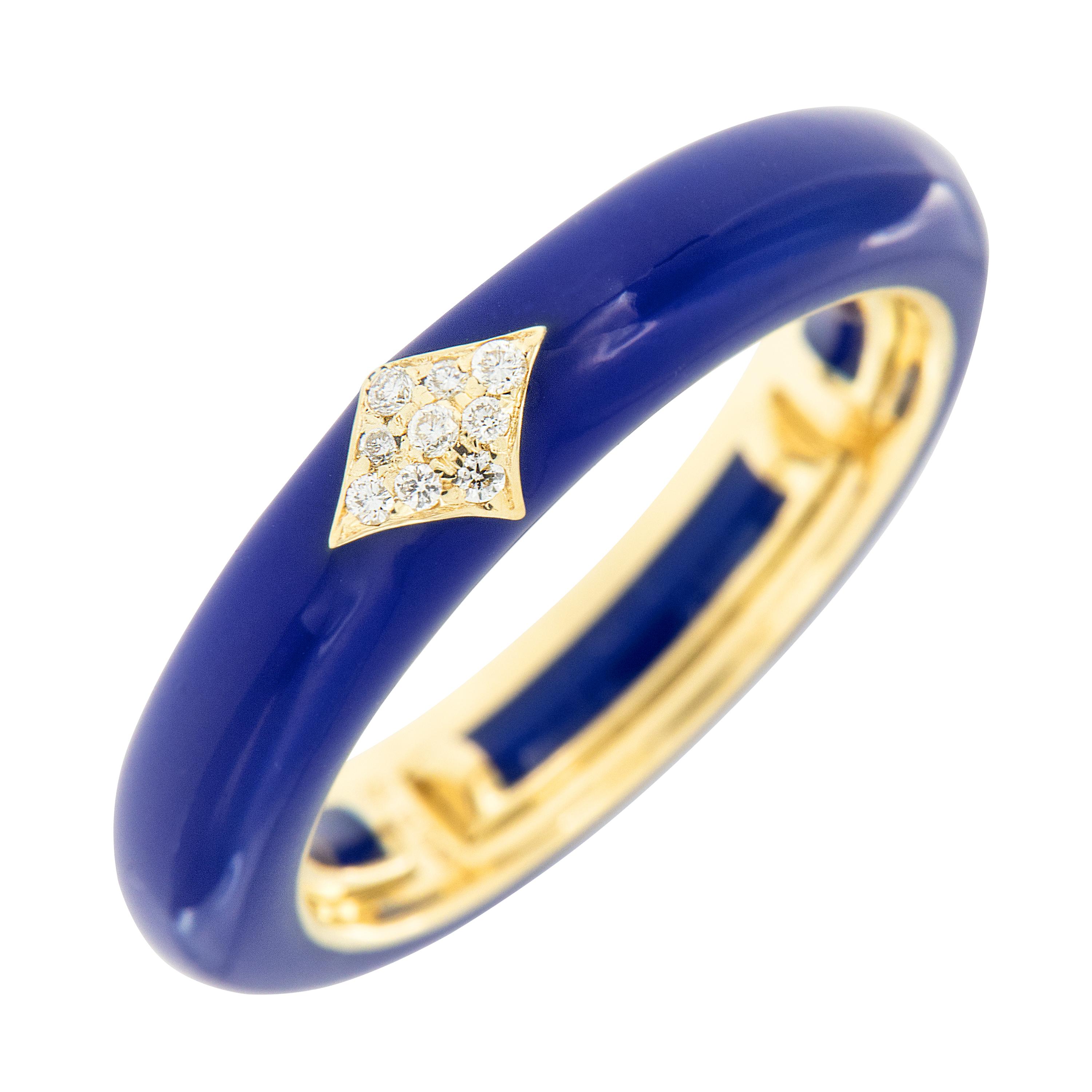 Bold, bright and beautiful! This contemporary enamel ring is hand-crafted in Italy for Campanelli & Pear. Ring is 18k yellow gold featuring a smooth enamel finish in royal blue and accented with 0.07 Cttw pave' set diamonds in chevron. The ring