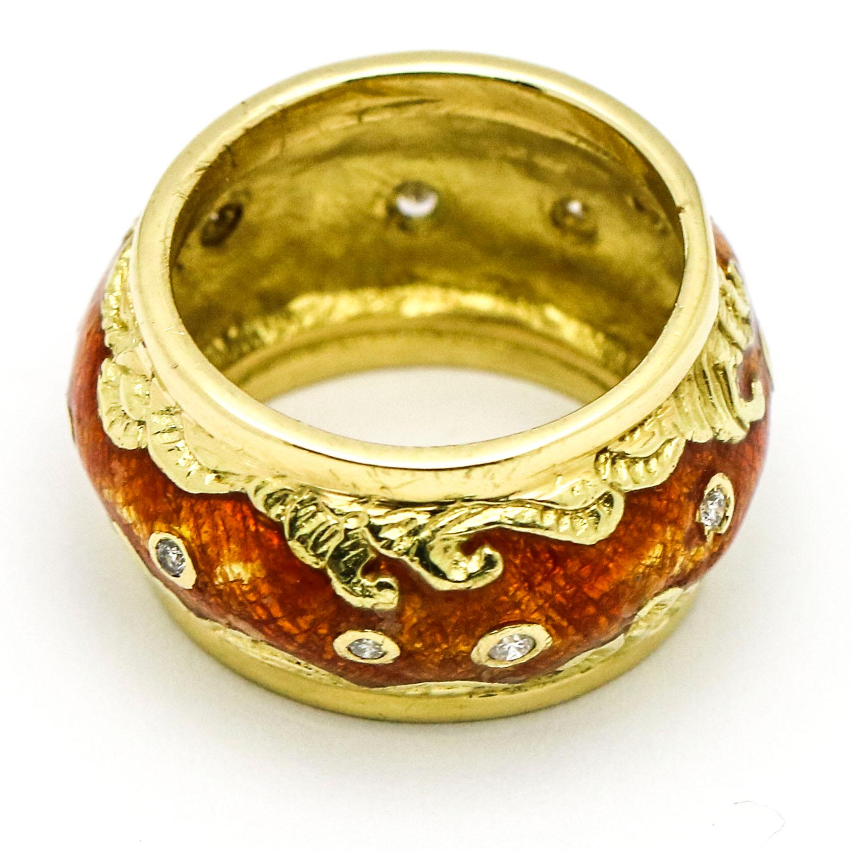 Women's 18 Karat Yellow Gold Enamel Diamond Wave Dome Band Ring For Sale