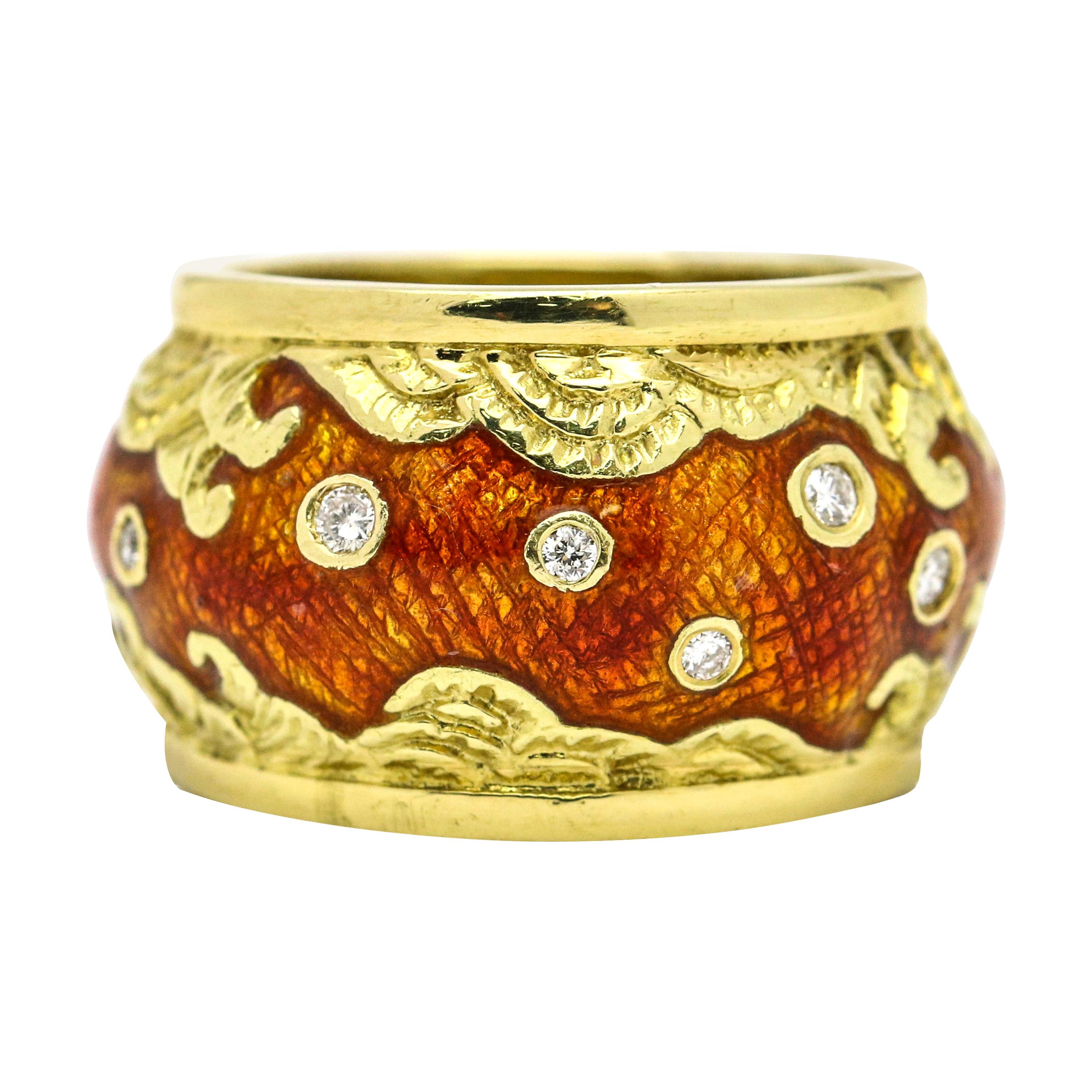 18 Karat Yellow Gold Enamel Diamond Wave Dome Band Ring For Sale