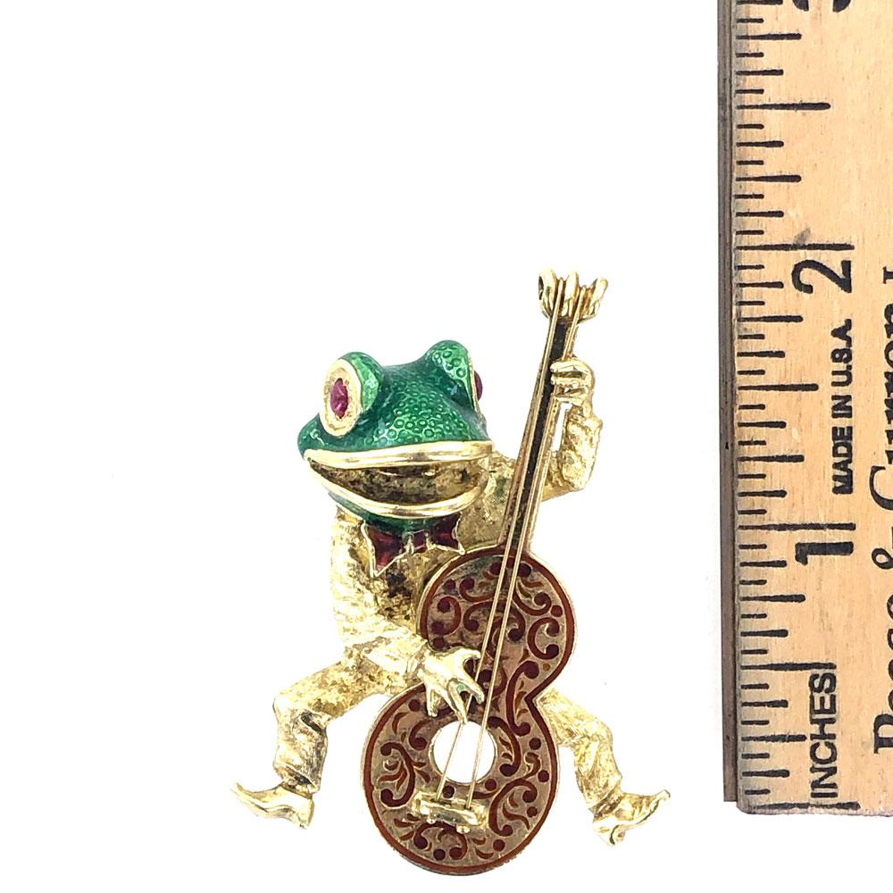 Round Cut 18 Karat Yellow Gold Enamel Frog Vintage Pin Brooch Signed Cooper