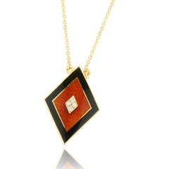 18 Karat Yellow Gold Enamel Guilloche With Diamonds Necklace