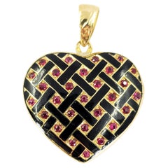 Vintage 18 Karat Yellow Gold, Enamel, & Ruby Heart Locket Pendant