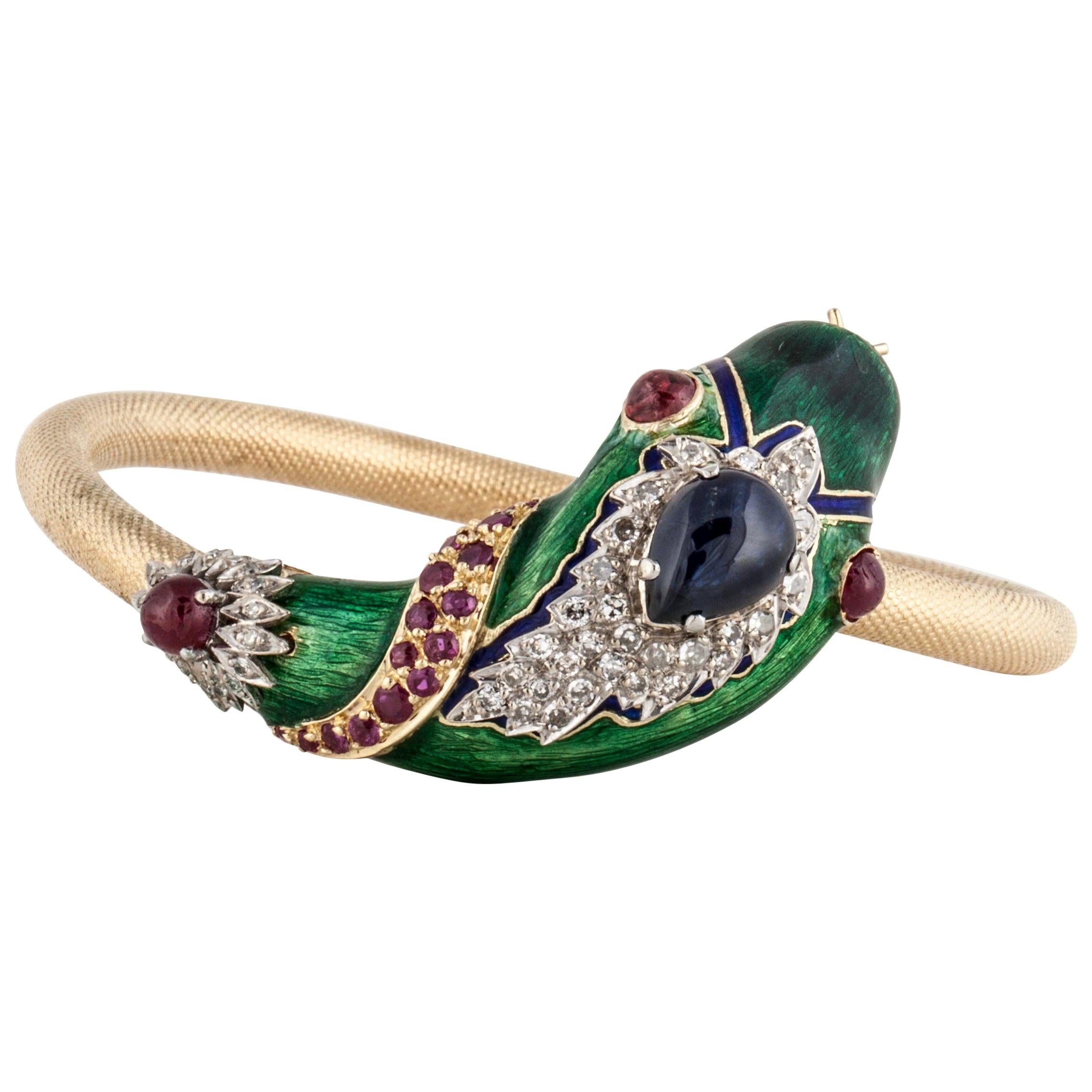 Enameled Snake Bangle with Gemstones in 18K Gold For Sale