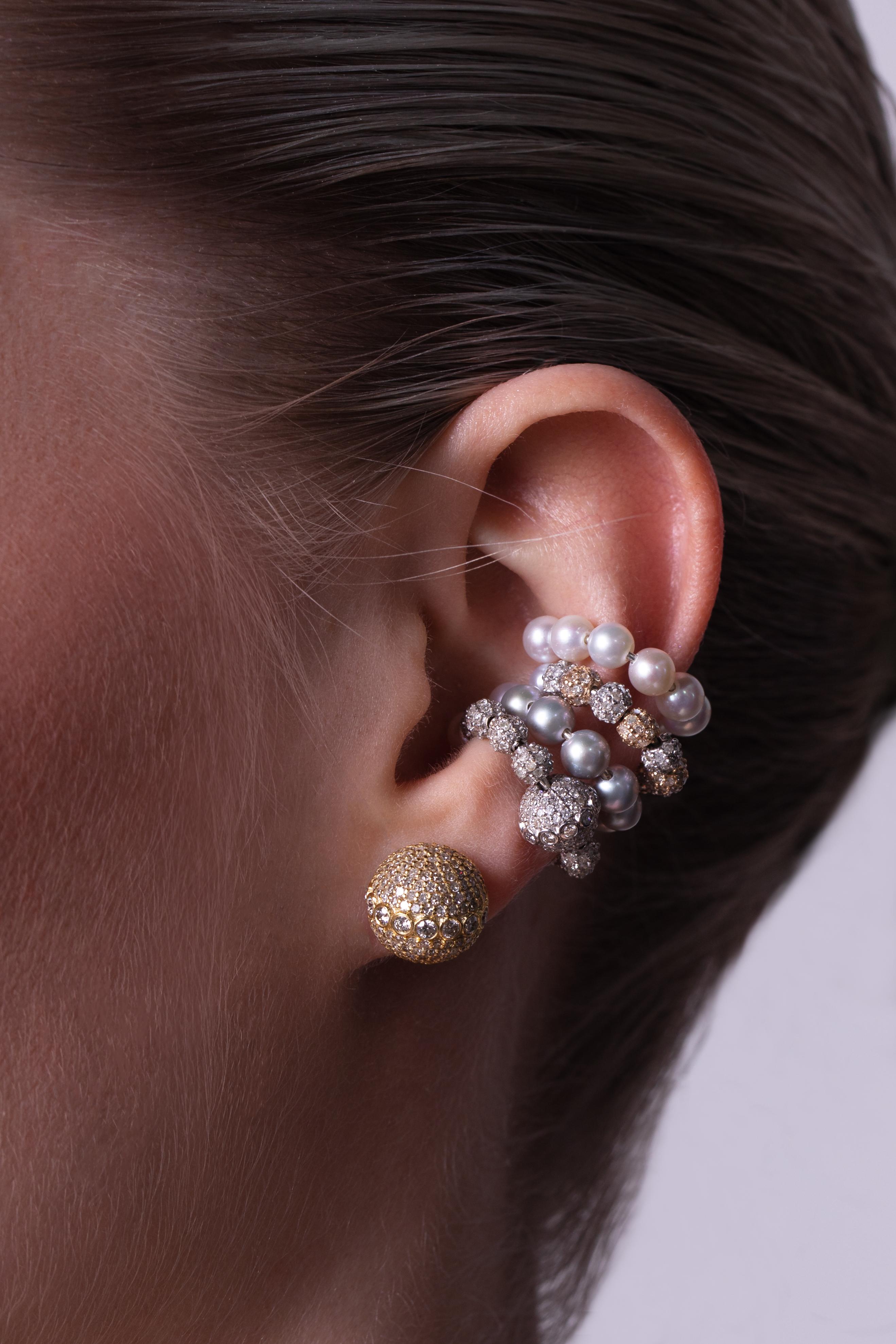 Contemporary 18-Karat Yellow Gold Encrusted Diamonds Ear Cuff with AAA Akoya Pearls For Sale