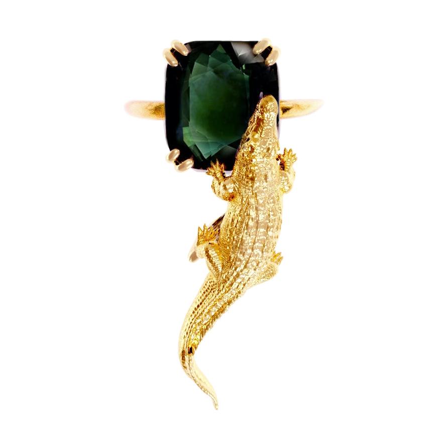Eighteen Karat Yellow Gold Engagement Fashion Ring with Green Sapphire For Sale