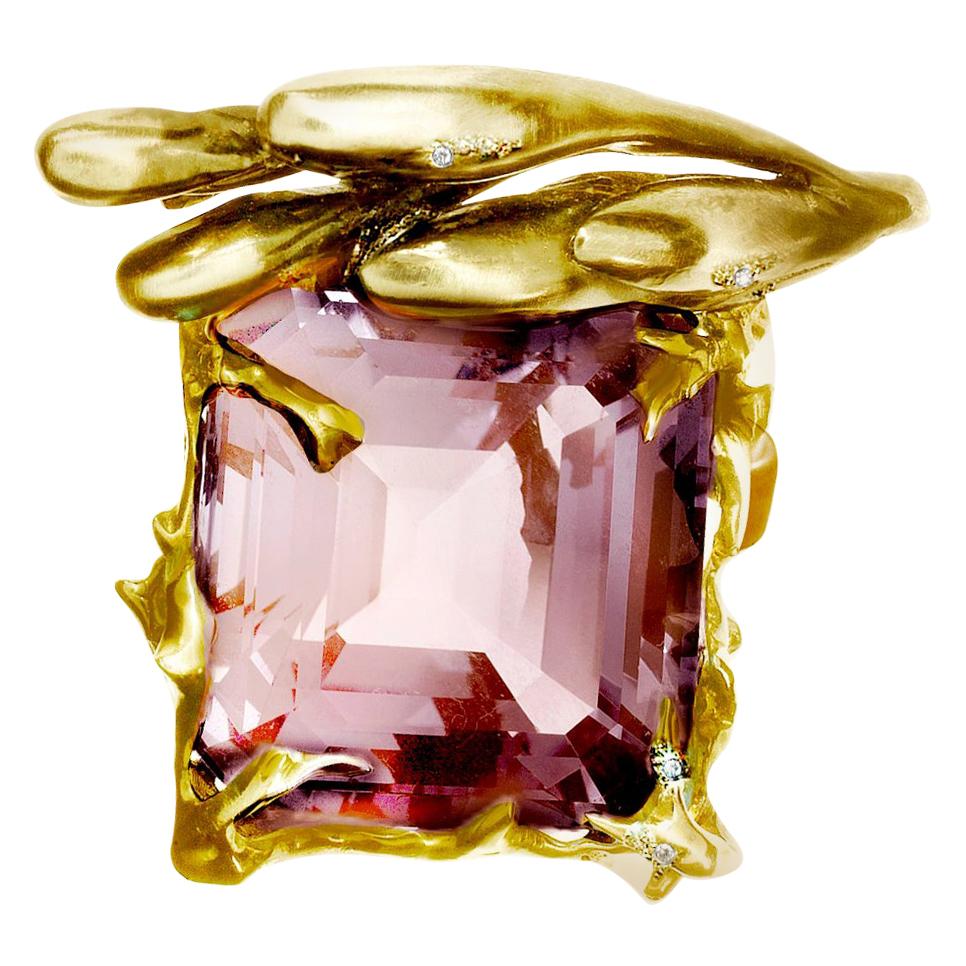 Eighteen Karat Yellow Gold Engagement Ring by Artist with Kunzite and Diamonds For Sale