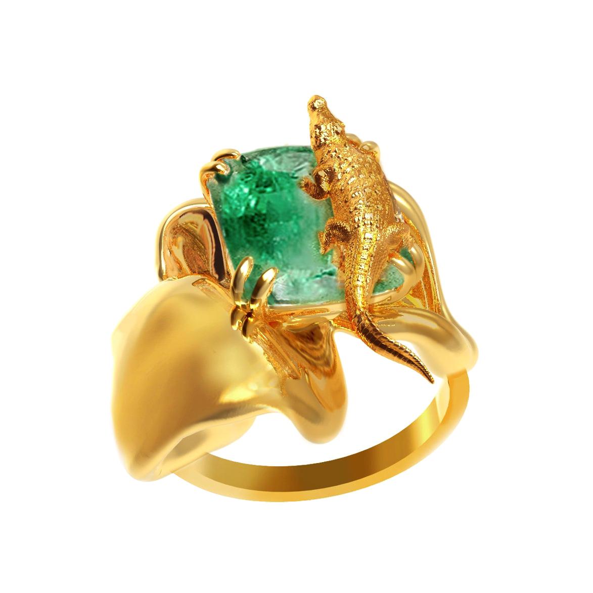 Eighteen Karat Yellow Gold Engagement Ring with Natural Emerald For Sale