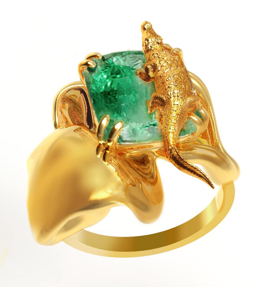Eighteen Karat Yellow Gold Engagement Ring with Natural Emerald For Sale 5
