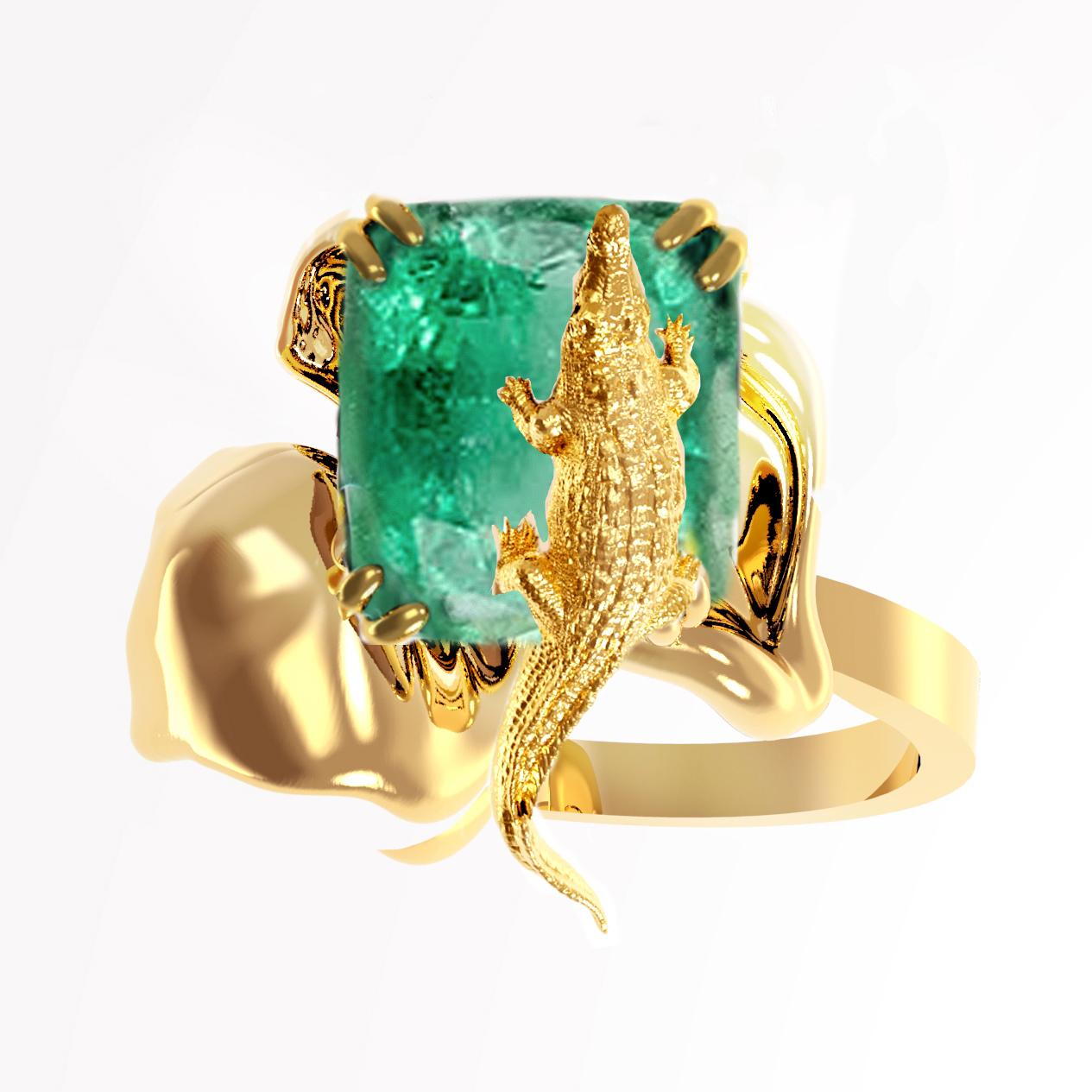 Eighteen Karat Yellow Gold Engagement Ring with Natural Emerald In New Condition For Sale In Berlin, DE
