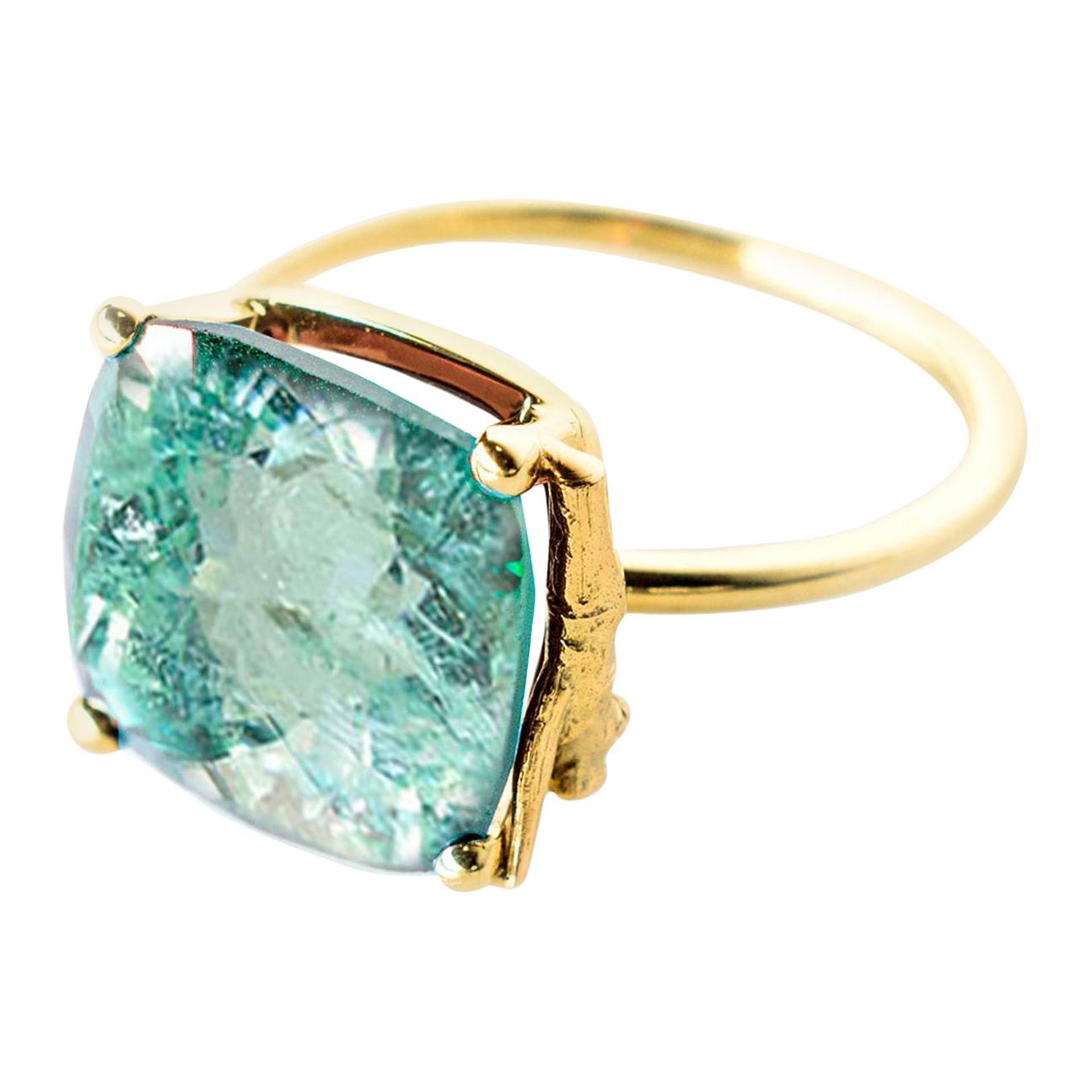 Yellow Gold Engagement Ring with Four Carats Neon Paraiba Tourmaline For Sale