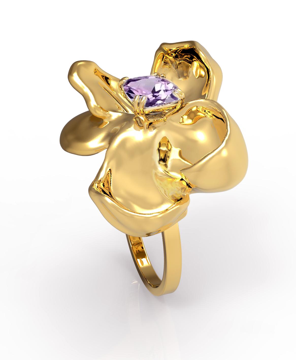 This Magnolia Flower engagement ring is crafted from 18 karat yellow gold with an amethyst stone. It was designed by the oil painter and 3D jewelry designer, Polya Medvedeva.

The ring is not just limited to special occasions; it can also be worn as