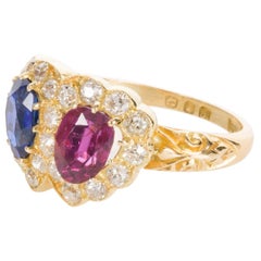 18 Karat Yellow Gold English Ruby Sapphire and Diamond Double Heart Ring