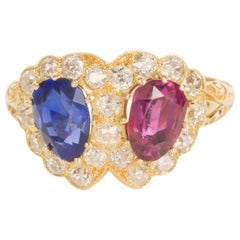 Antique 18 Karat Yellow Gold English Ruby Sapphire and Diamond Double Heart Ring