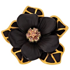 18 Karat Yellow Gold Estate Black Agate Oversized Flower Ring