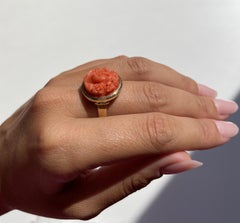 18 Karat Yellow Gold Face Mediterranean Red Coral Antique Cameo Ring