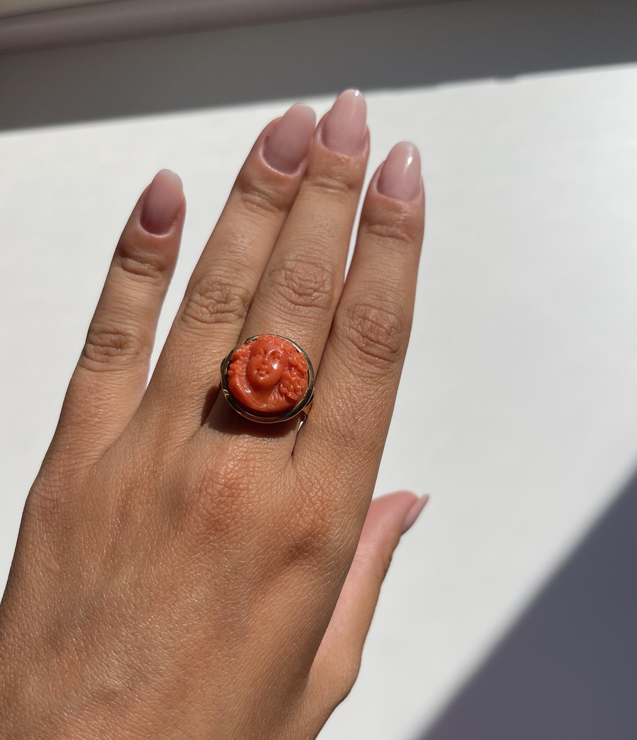 Mixed Cut 18 Karat Yellow Gold Face Mediterranean Red Coral Antique Cameo Ring For Sale