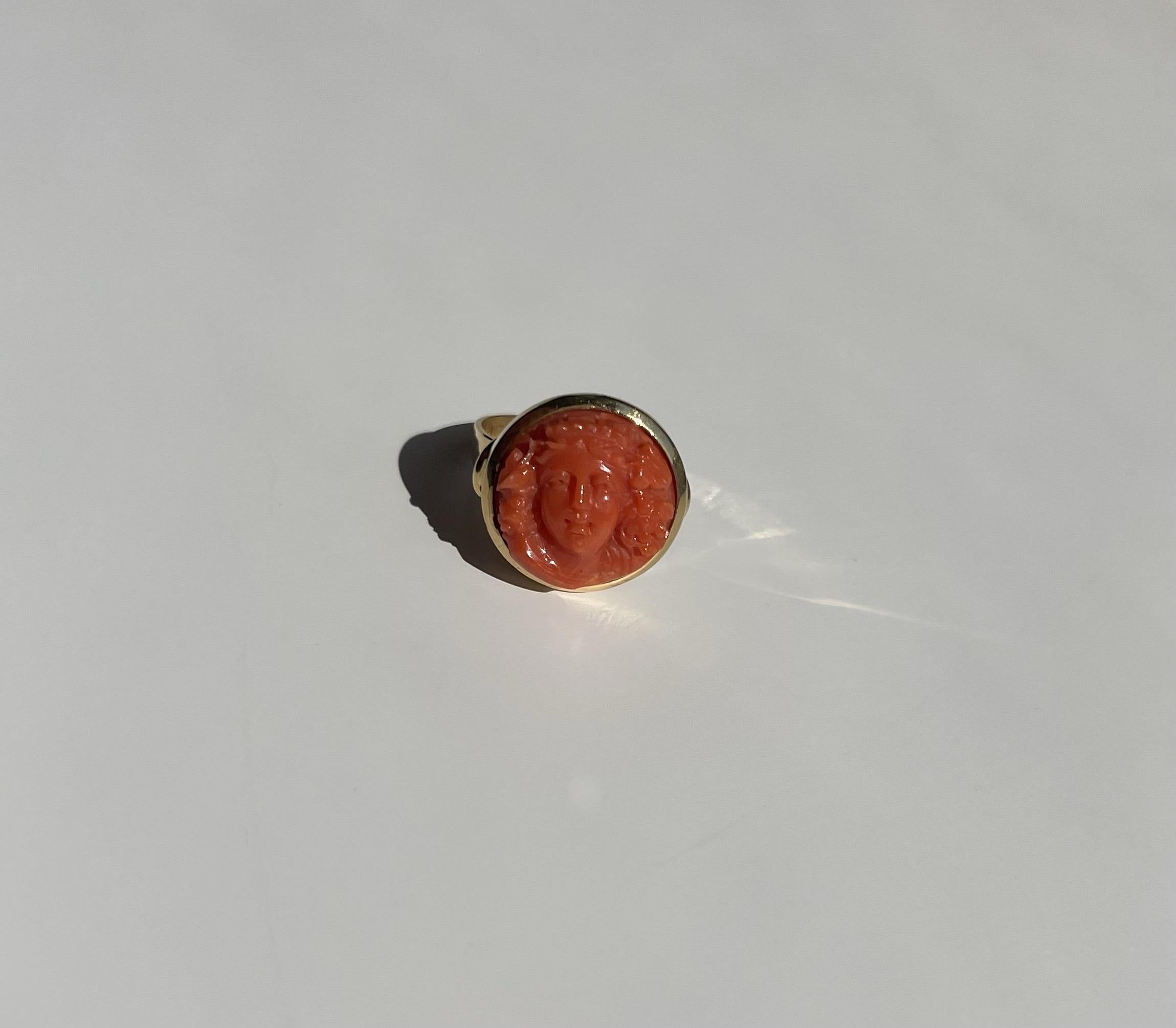 18 Karat Yellow Gold Face Mediterranean Red Coral Antique Cameo Ring For Sale 2