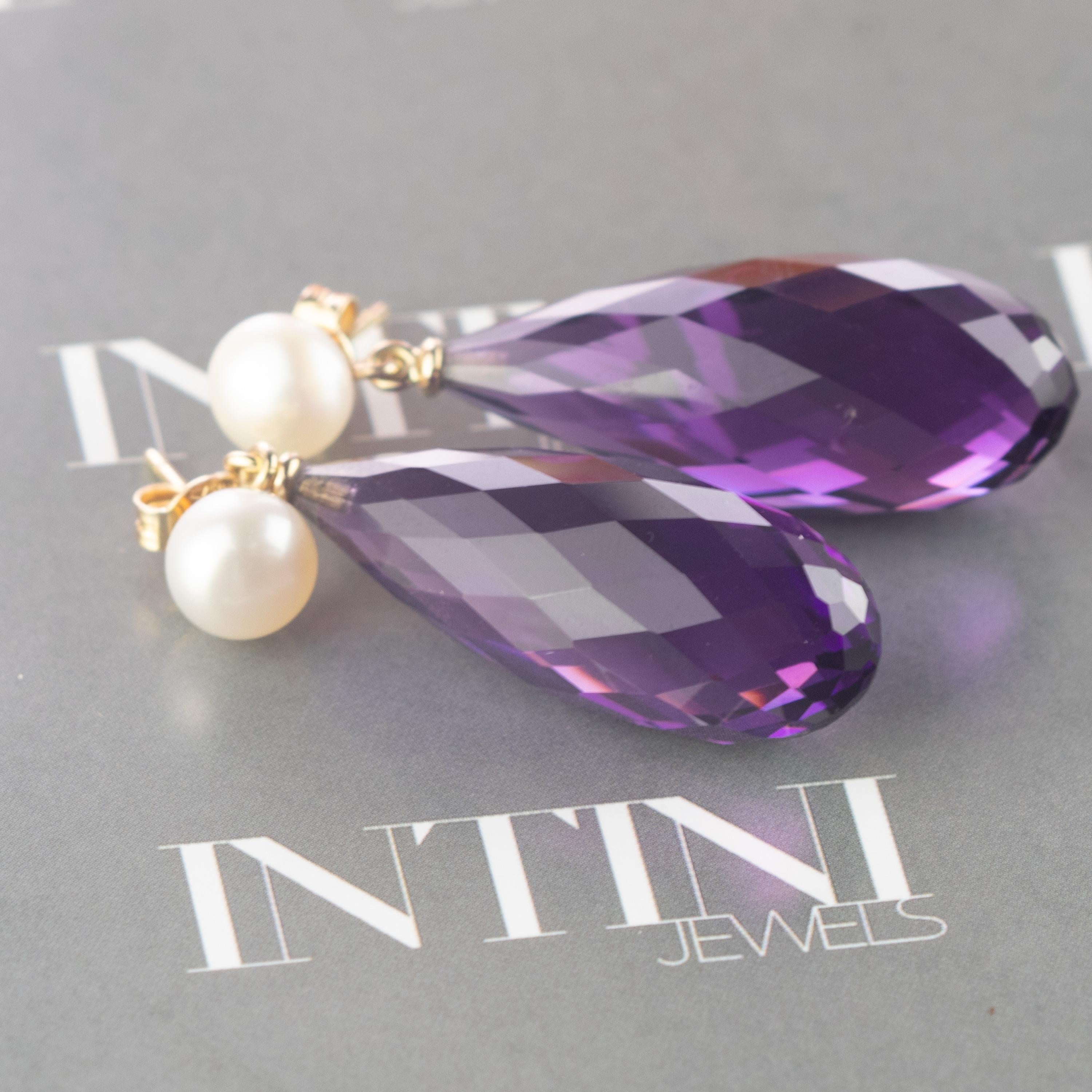Italienische 18 Karat Gelbgold Facettierte Amethyst-Perlen-Tropfen-Cocktail-Ohrringe mit Tropfen (Gemischter Schliff) im Angebot