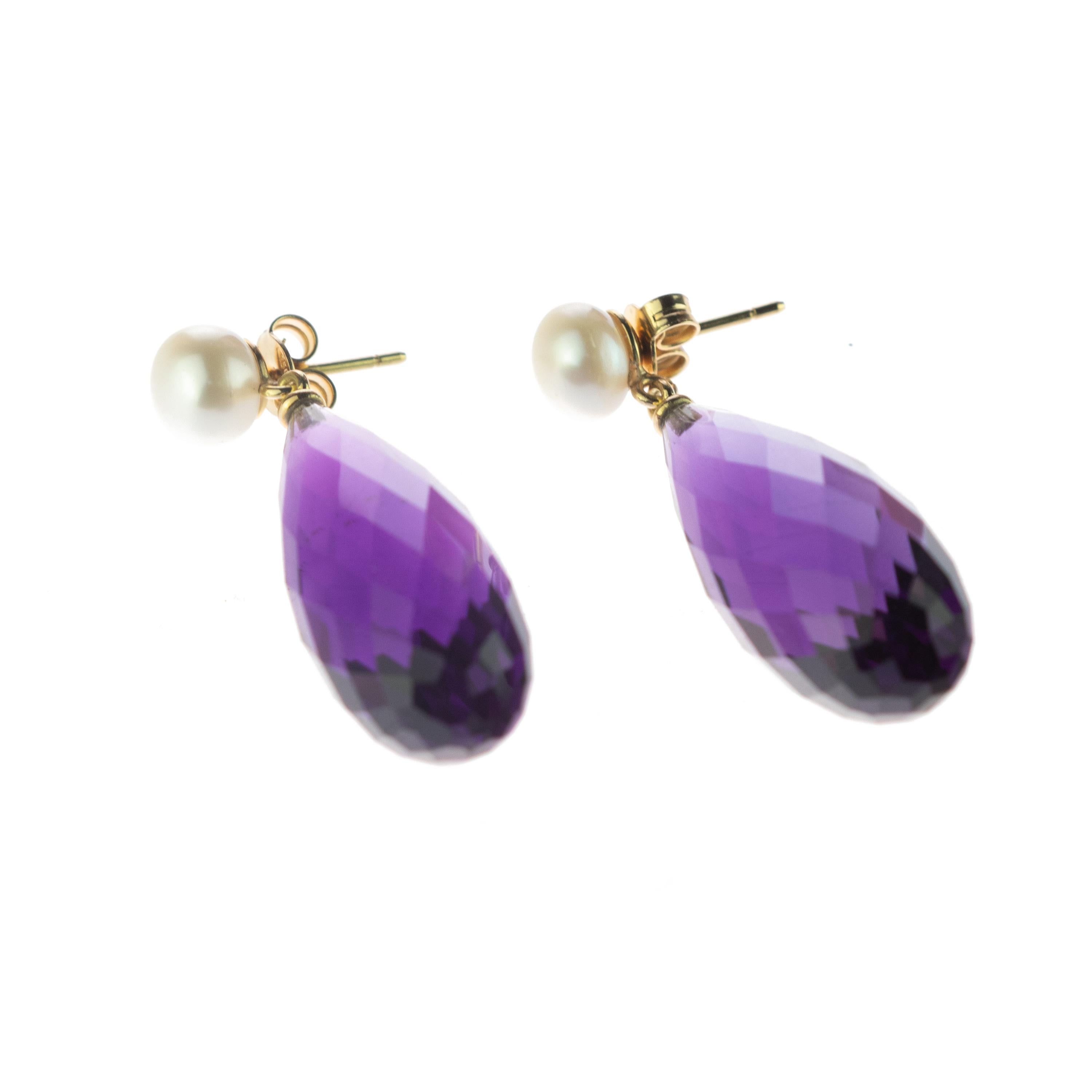 Italienische 18 Karat Gelbgold Facettierte Amethyst-Perlen-Tropfen-Cocktail-Ohrringe mit Tropfen Damen im Angebot