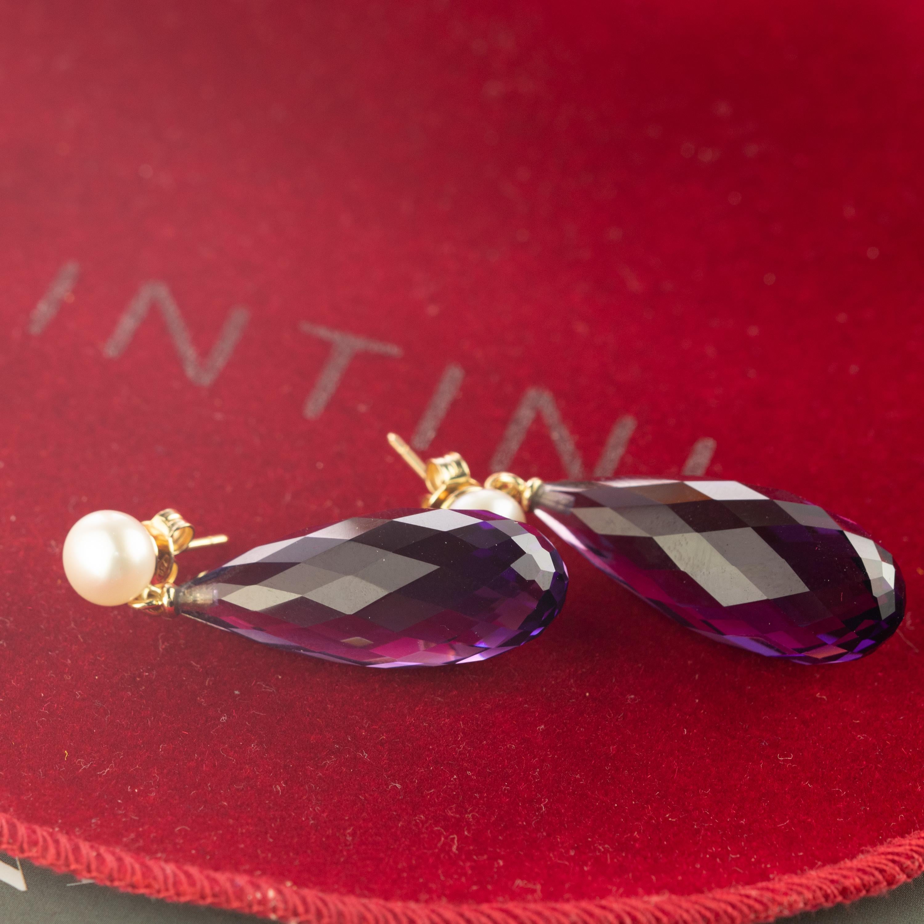 Italienische 18 Karat Gelbgold Facettierte Amethyst-Perlen-Tropfen-Cocktail-Ohrringe mit Tropfen im Angebot 1