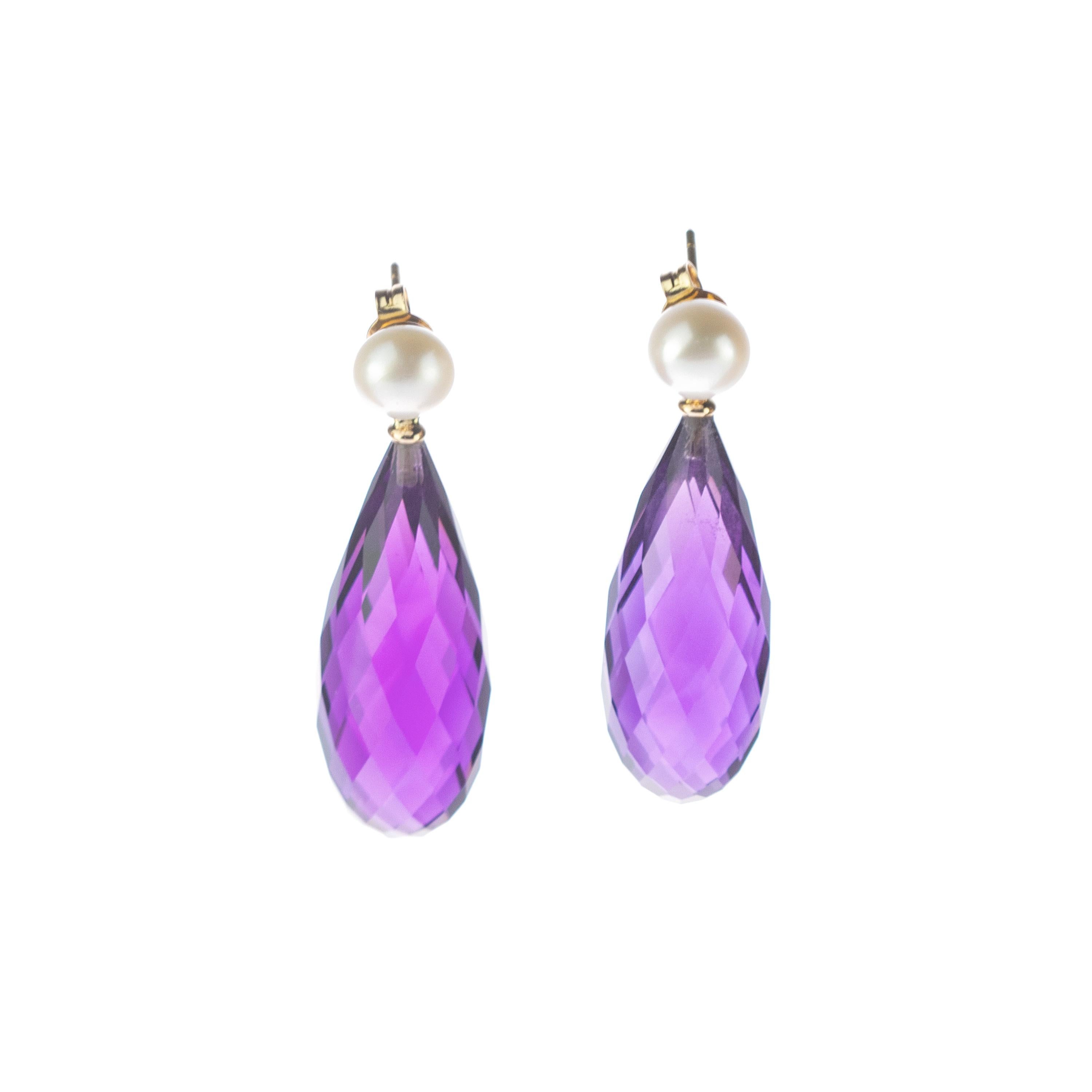 Italienische 18 Karat Gelbgold Facettierte Amethyst-Perlen-Tropfen-Cocktail-Ohrringe mit Tropfen im Angebot 2