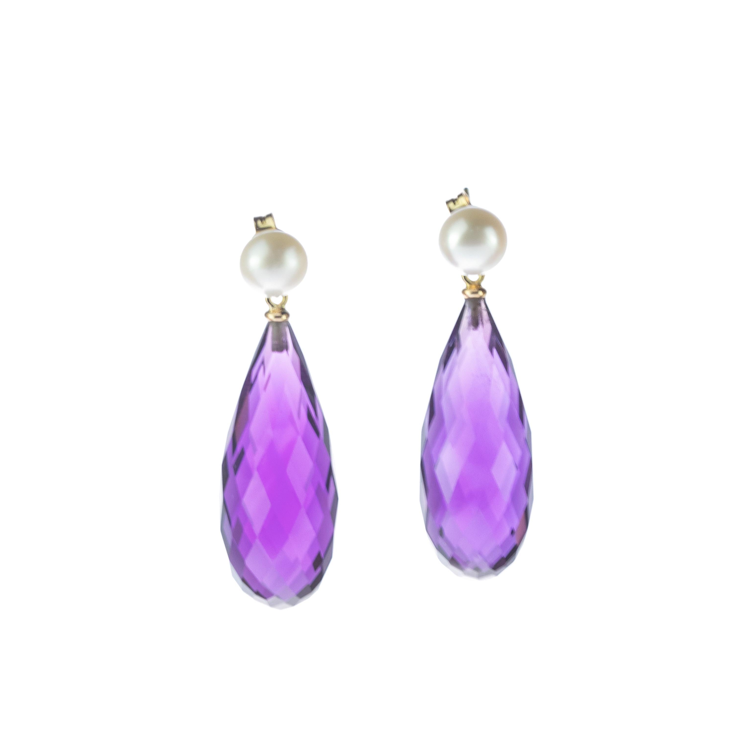 Italienische 18 Karat Gelbgold Facettierte Amethyst-Perlen-Tropfen-Cocktail-Ohrringe mit Tropfen im Angebot 3