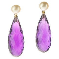Italienische 18 Karat Gelbgold Facettierte Amethyst-Perlen-Tropfen-Cocktail-Ohrringe mit Tropfen