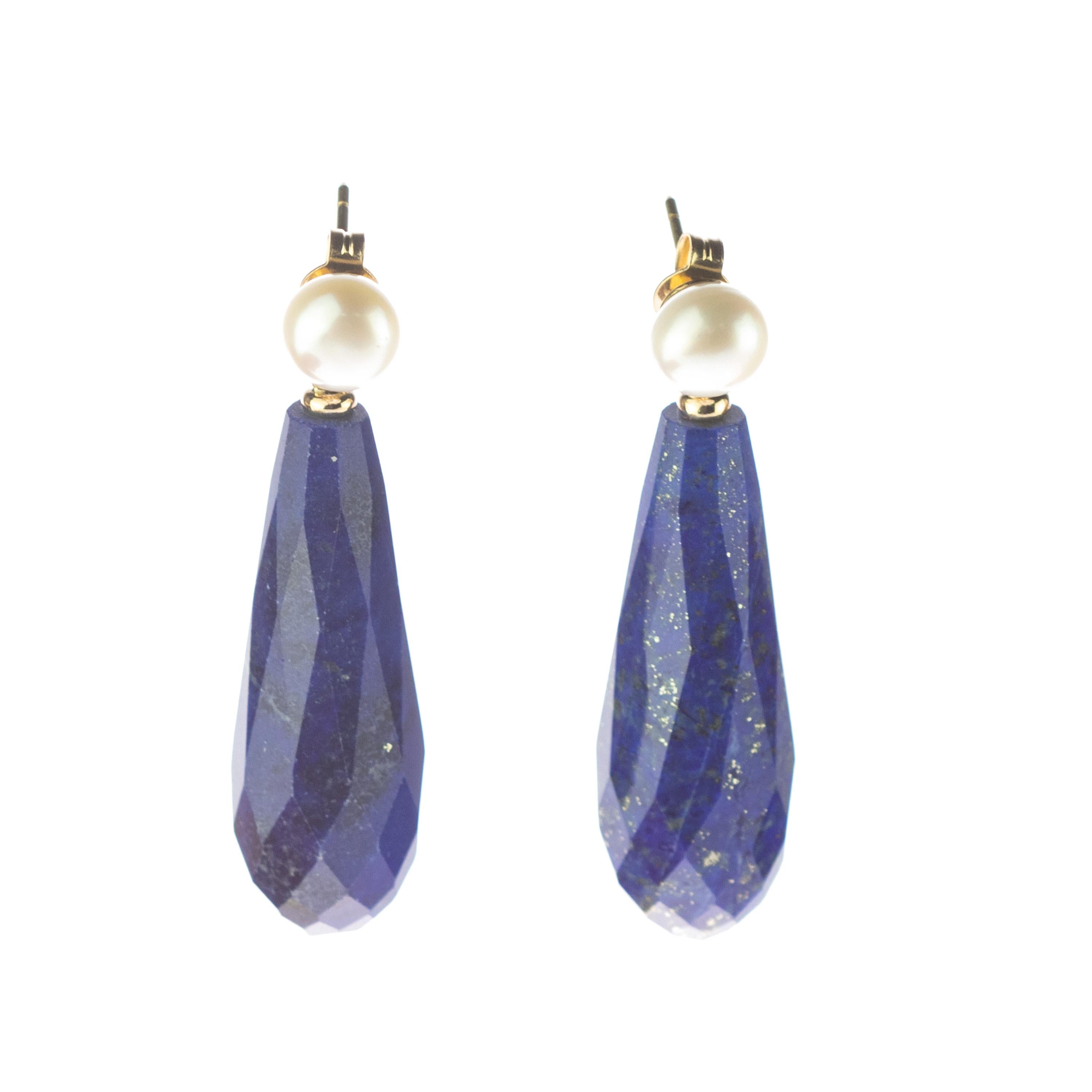 Mixed Cut 18 Karat Yellow Gold Faceted Lapis Lazuli Tear Drop Cocktail Italian Earrings For Sale