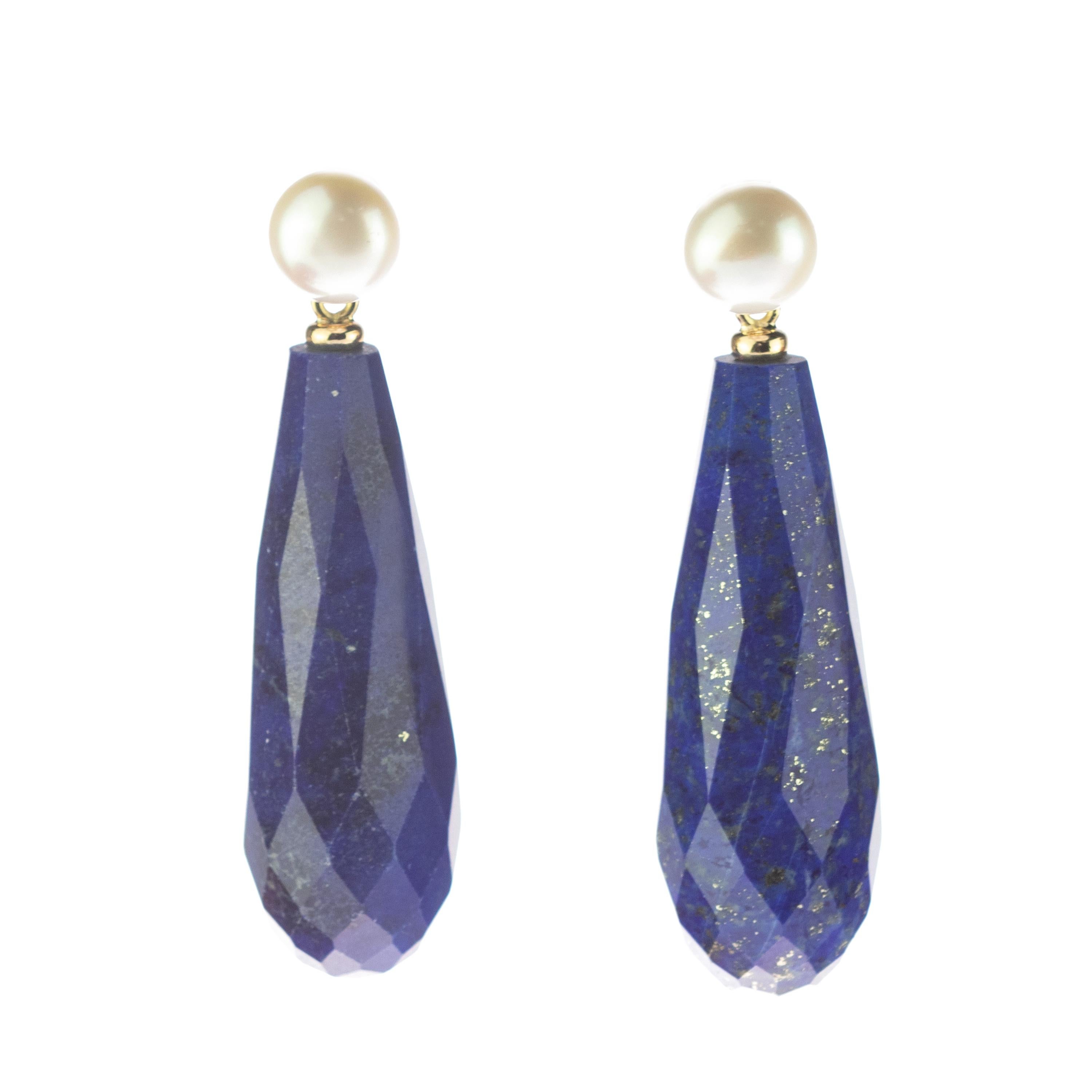 18 Karat Yellow Gold Faceted Lapis Lazuli Tear Drop Cocktail Italian Earrings In New Condition For Sale In Milano, IT