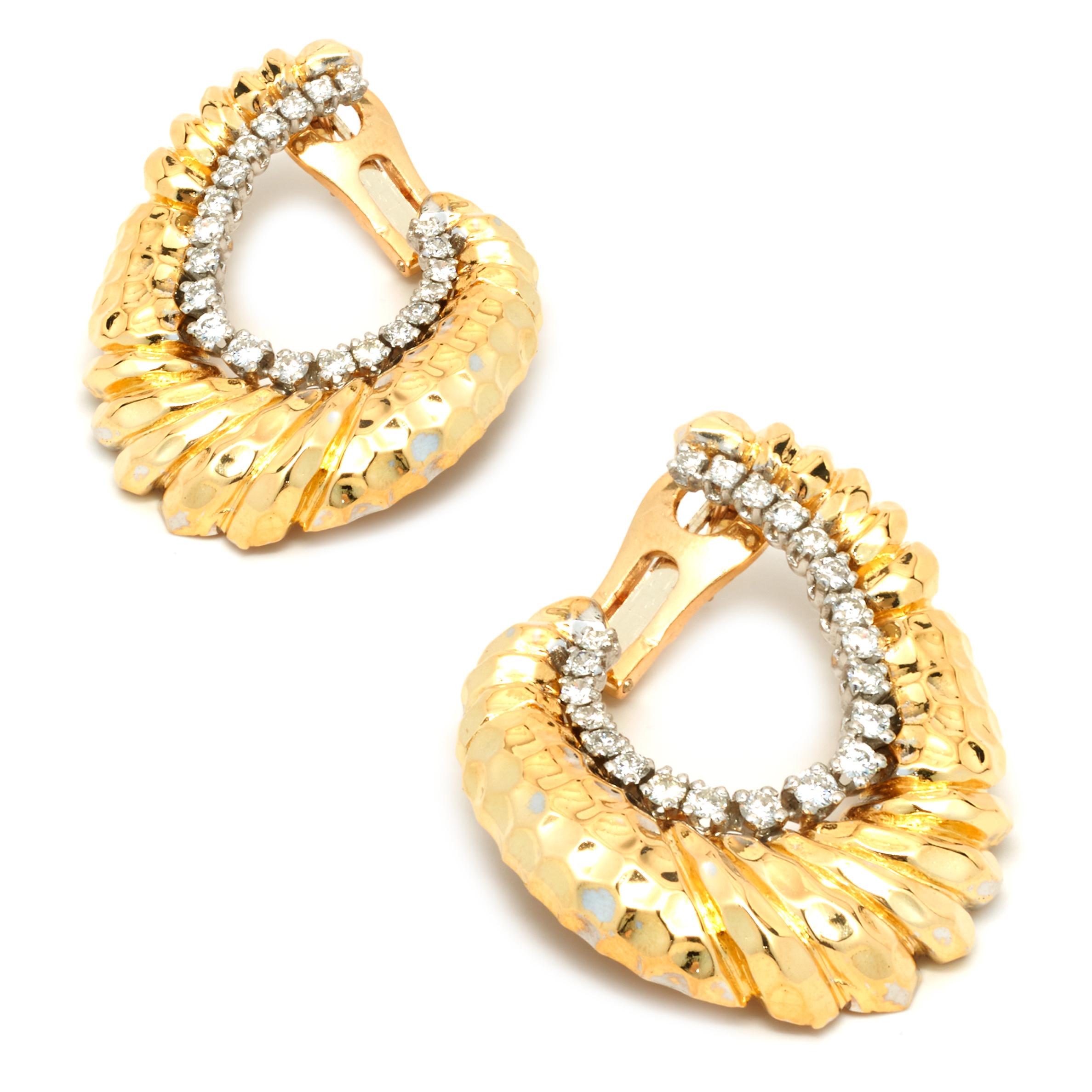 Designer: custom design
Material: 18K yellow gold
Diamonds: 42 round cut = 0.92cttw
Color: G
Clarity: SI1
Dimensions: earrings measure 41 X 32mm 
Fastenings: post with snap back
Weight: 32.81 grams
