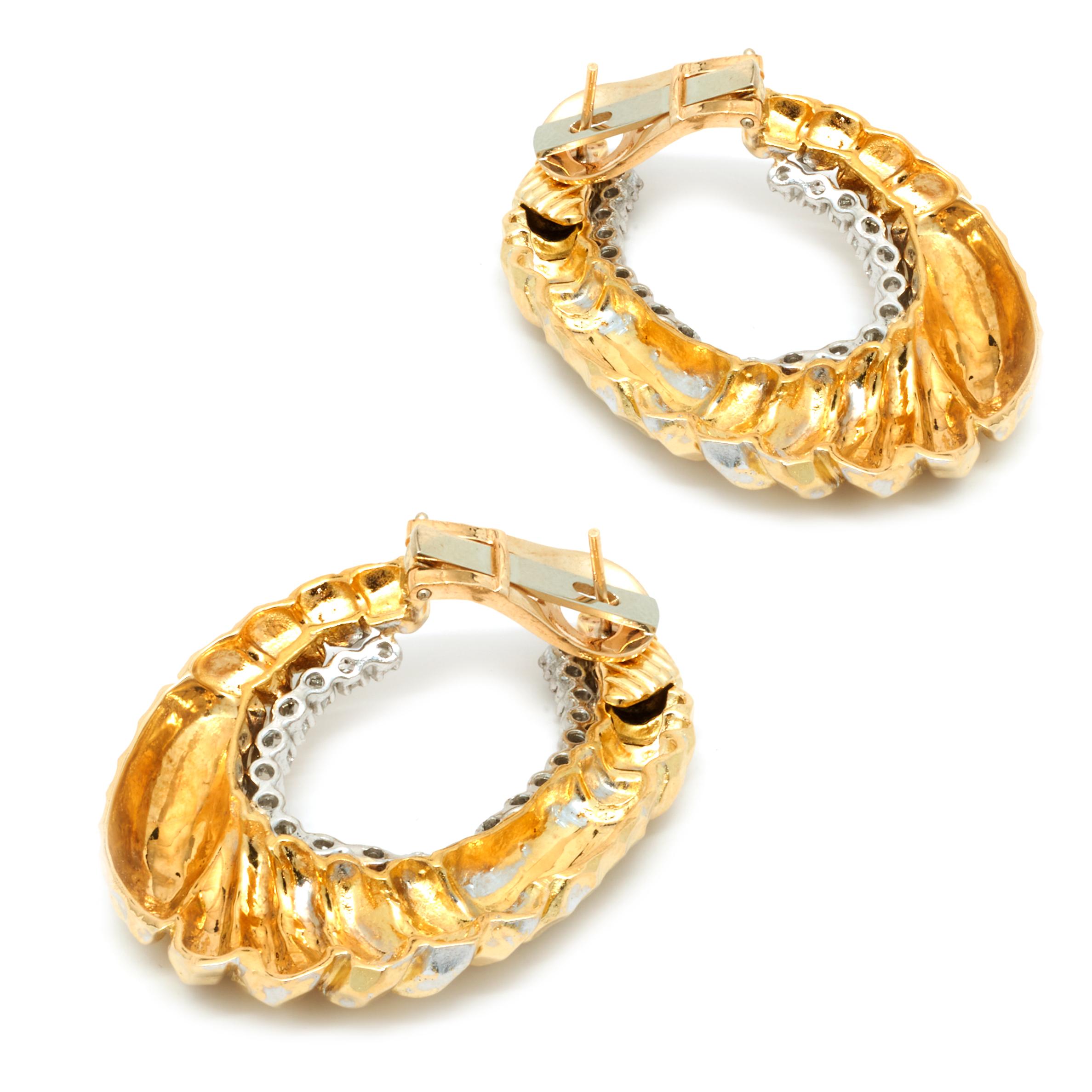 Round Cut 18 Karat Yellow Gold Faceted Ornate Diamond Oval Earrings For Sale