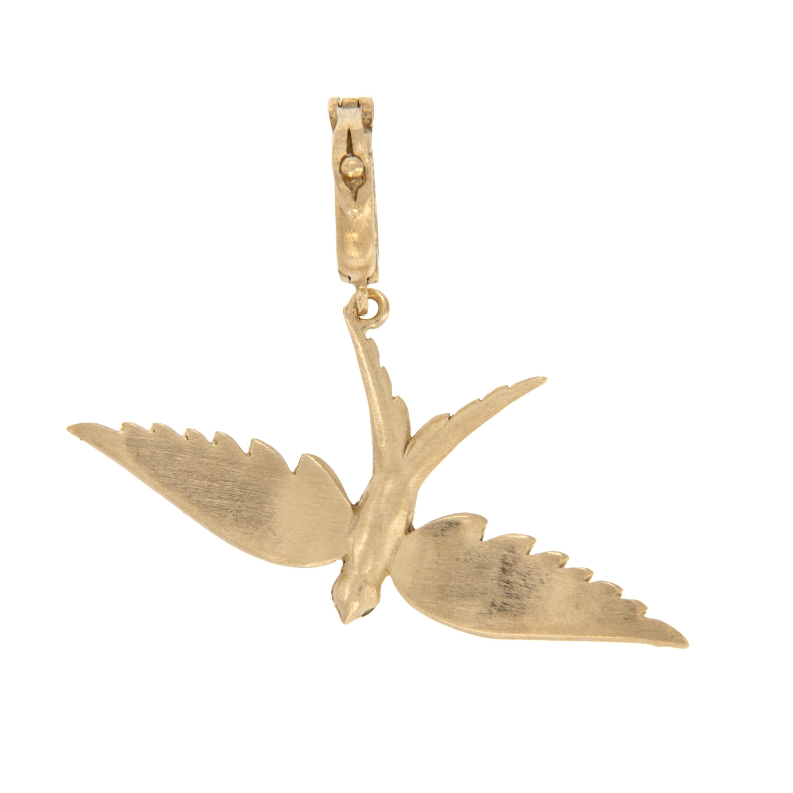 Round Cut 18 Karat Yellow Gold Fancy Brown Diamond Swallowtail Bird Pendant Charm For Sale