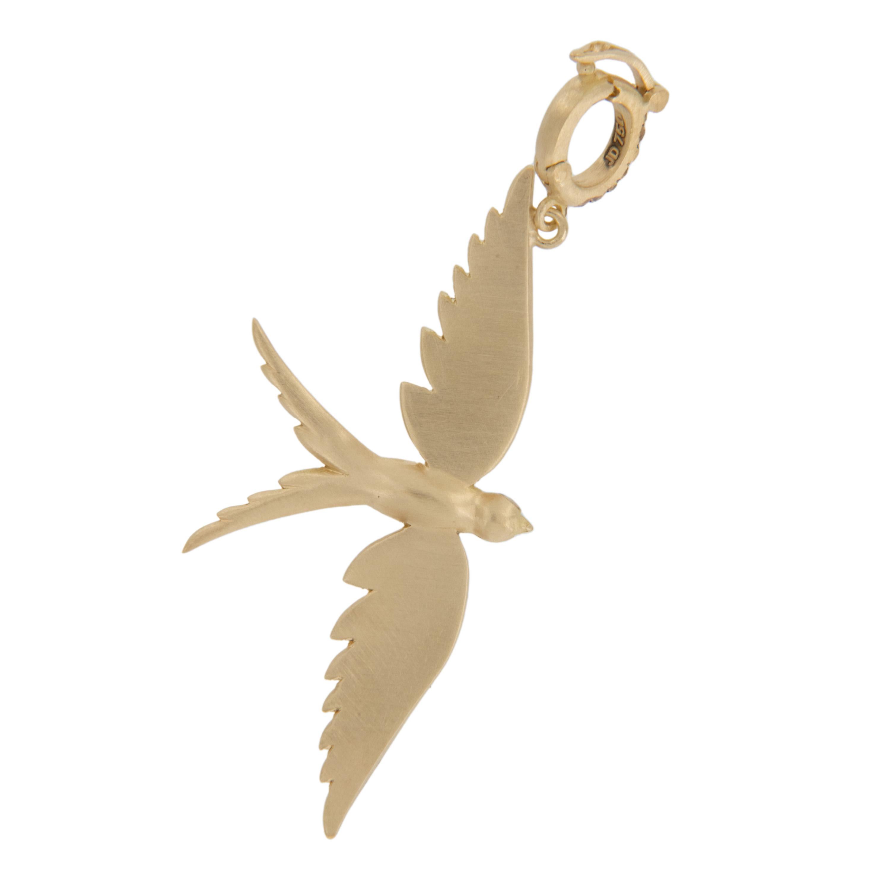 Round Cut 18 Karat Yellow Gold Fancy Brown Diamond Swallowtail Bird Pendant Charm For Sale