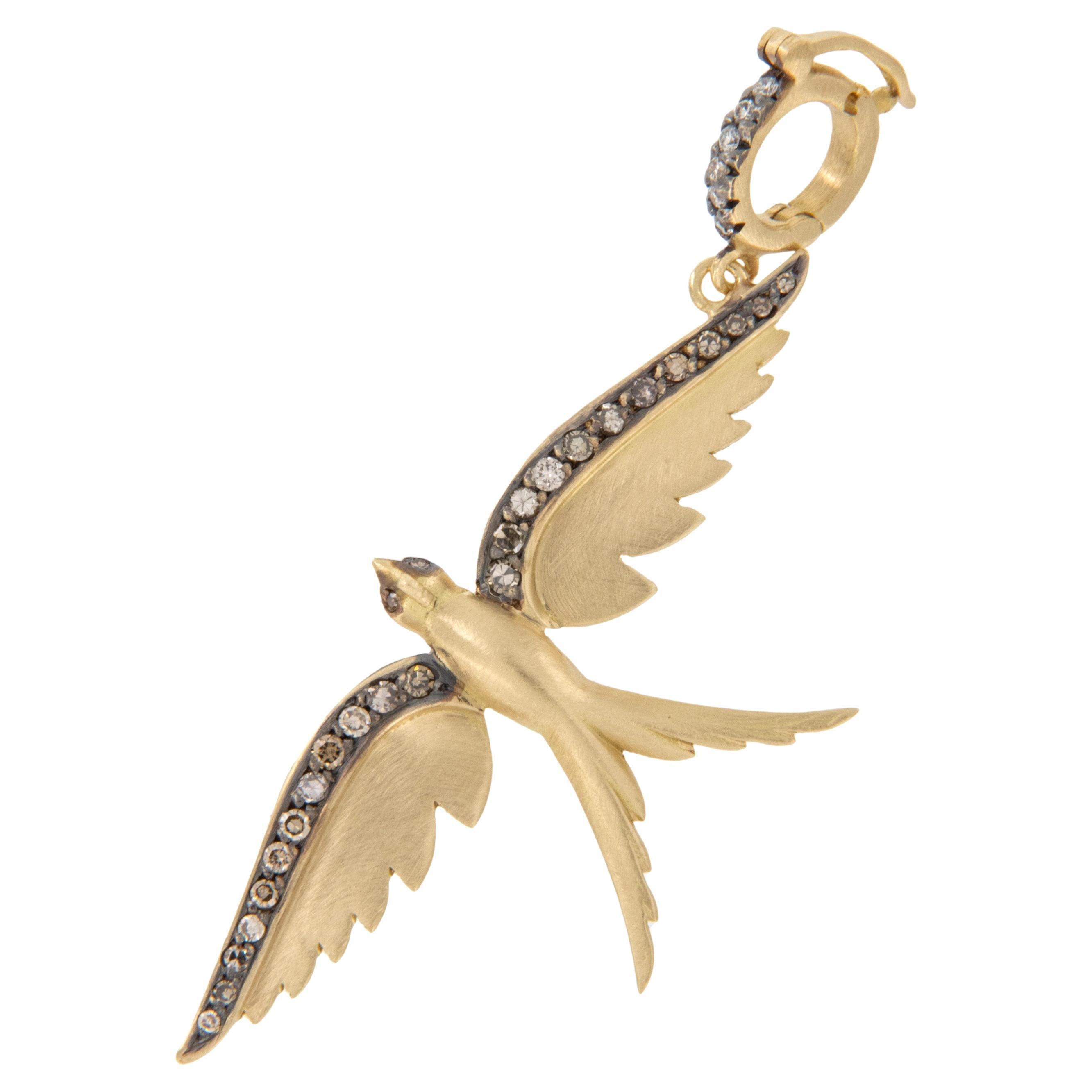 18 Karat Yellow Gold Fancy Brown Diamond Swallowtail Bird Pendant Charm For Sale