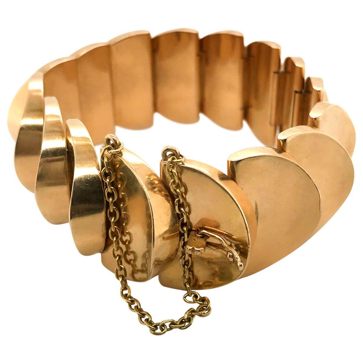 Retro 18 Karat Yellow Gold Fancy Link Semi Circle Bracelet For Sale