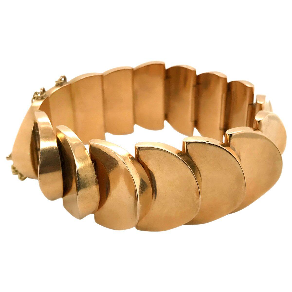 Women's 18 Karat Yellow Gold Fancy Link Semi Circle Bracelet For Sale