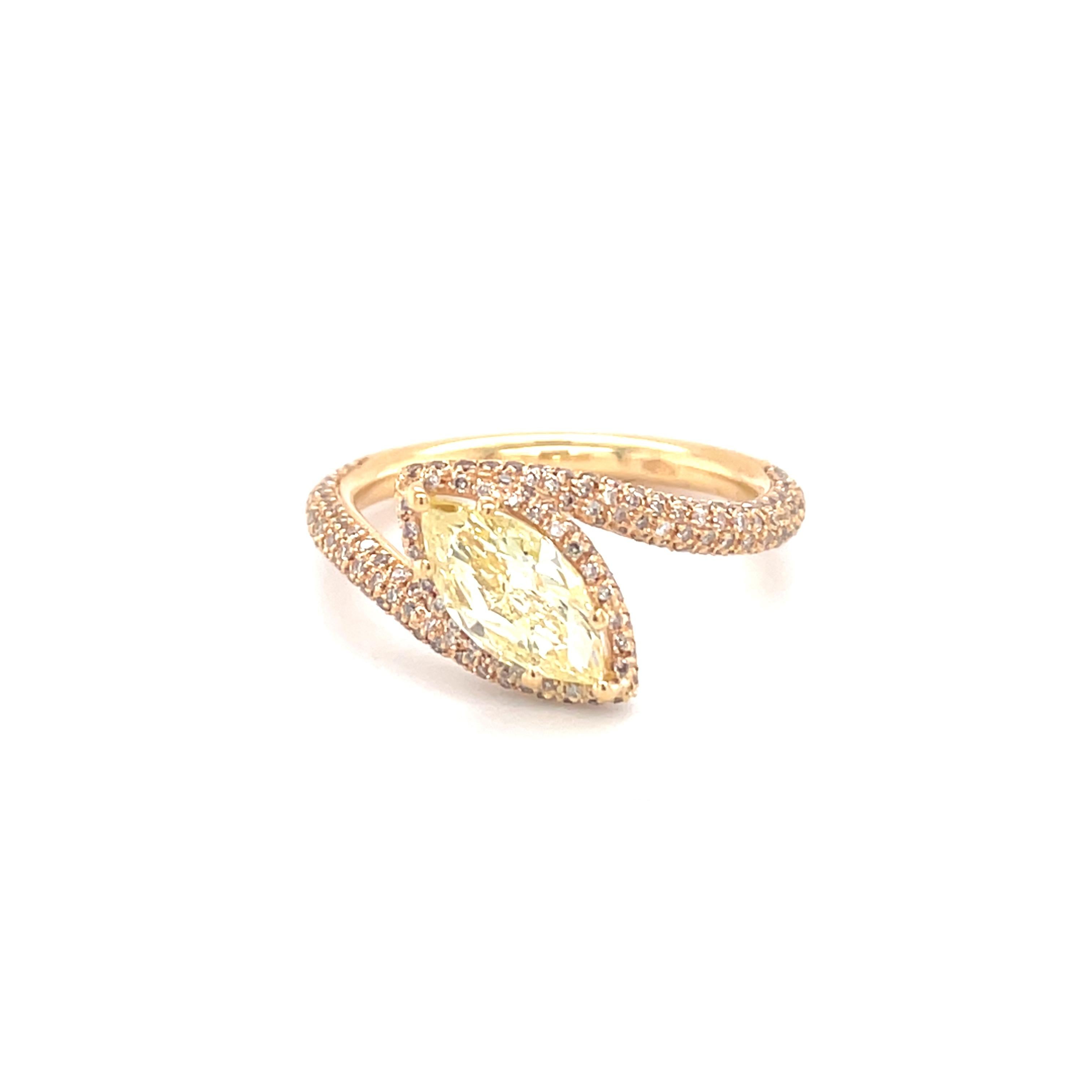 Marquise Cut 18 Karat Yellow Gold Fancy Yellow Diamond Cocktail Ring For Sale