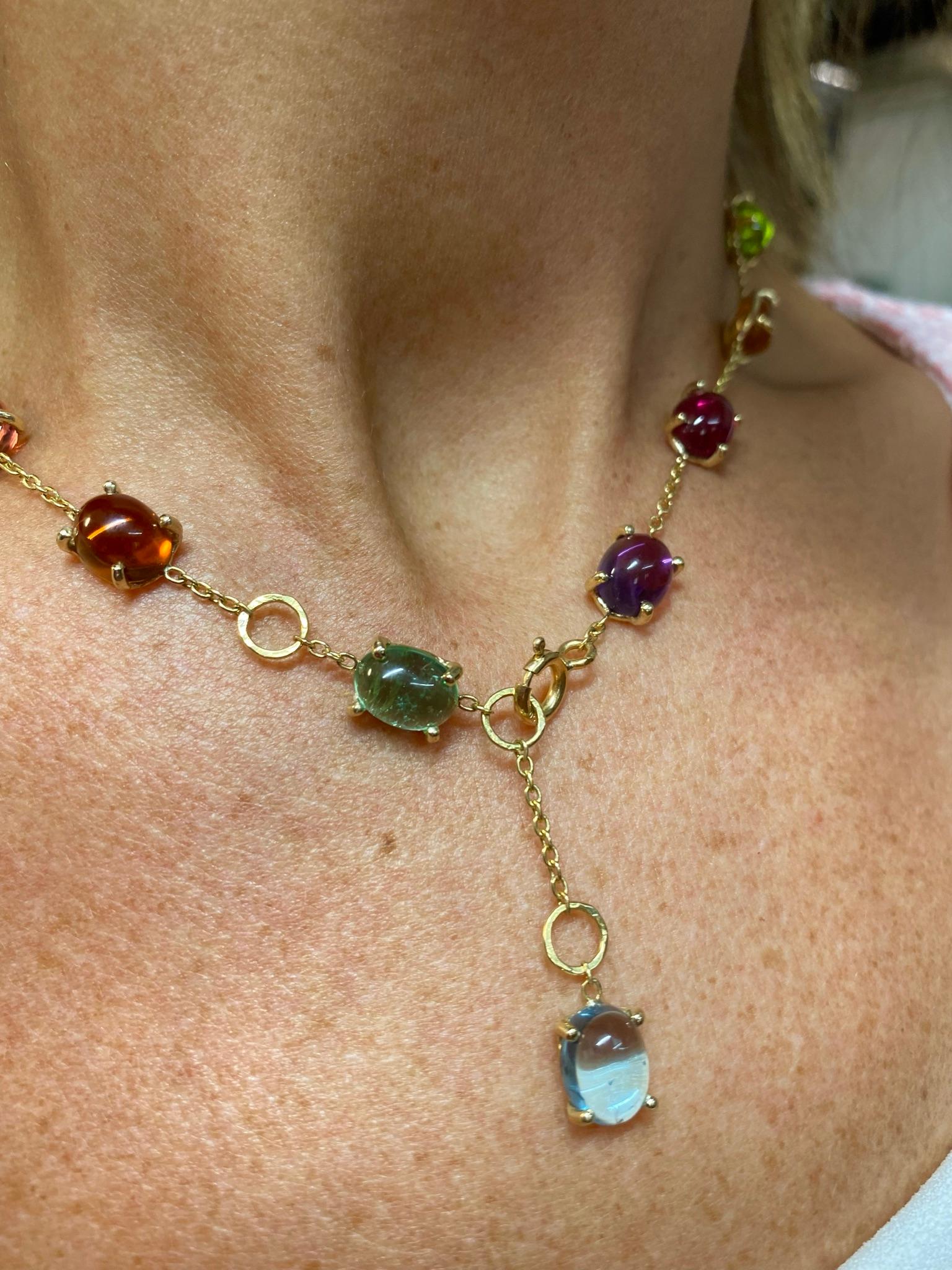 Rossella Ugolini Design Collection, 18 Karat Yellow Gold Feisty Necklace Oval cut Amethyst Garnet Citrine Peridot Tourmaline
A feisty necklace colored stones made of one line of the 18 Karat yellow gold chain embellished with 18 th stones: Peridot,
