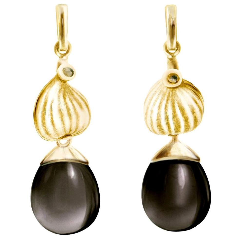 Eighteen Karat Yellow Gold Fig Cocktail Earrings with Smoky Quartzes For Sale