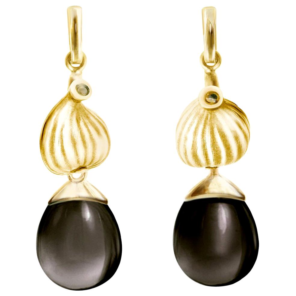 Yellow Gold Contemporary Earrings with Smoky Quartzes by the Artist For Sale