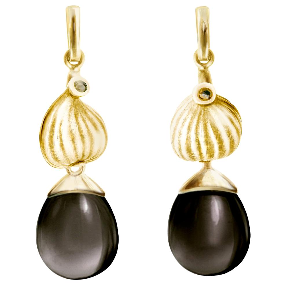 Eighteen Karat Yellow Gold Fig Cocktail Artistic Earrings with Smoky Quartzes  For Sale
