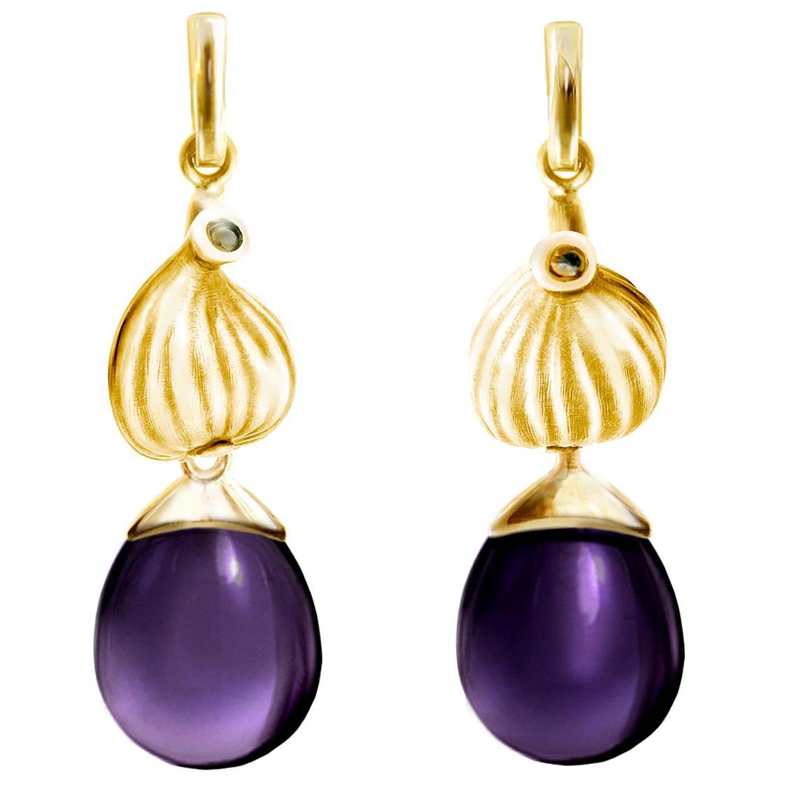 18 Karat Yellow Gold Fig Contemporary Cocktail Drop Earrings with Amethysts  For Sale