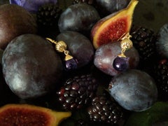 Eighteen Karat Yellow Gold Custom Made Fig Cocktail Earrings with Amethysts