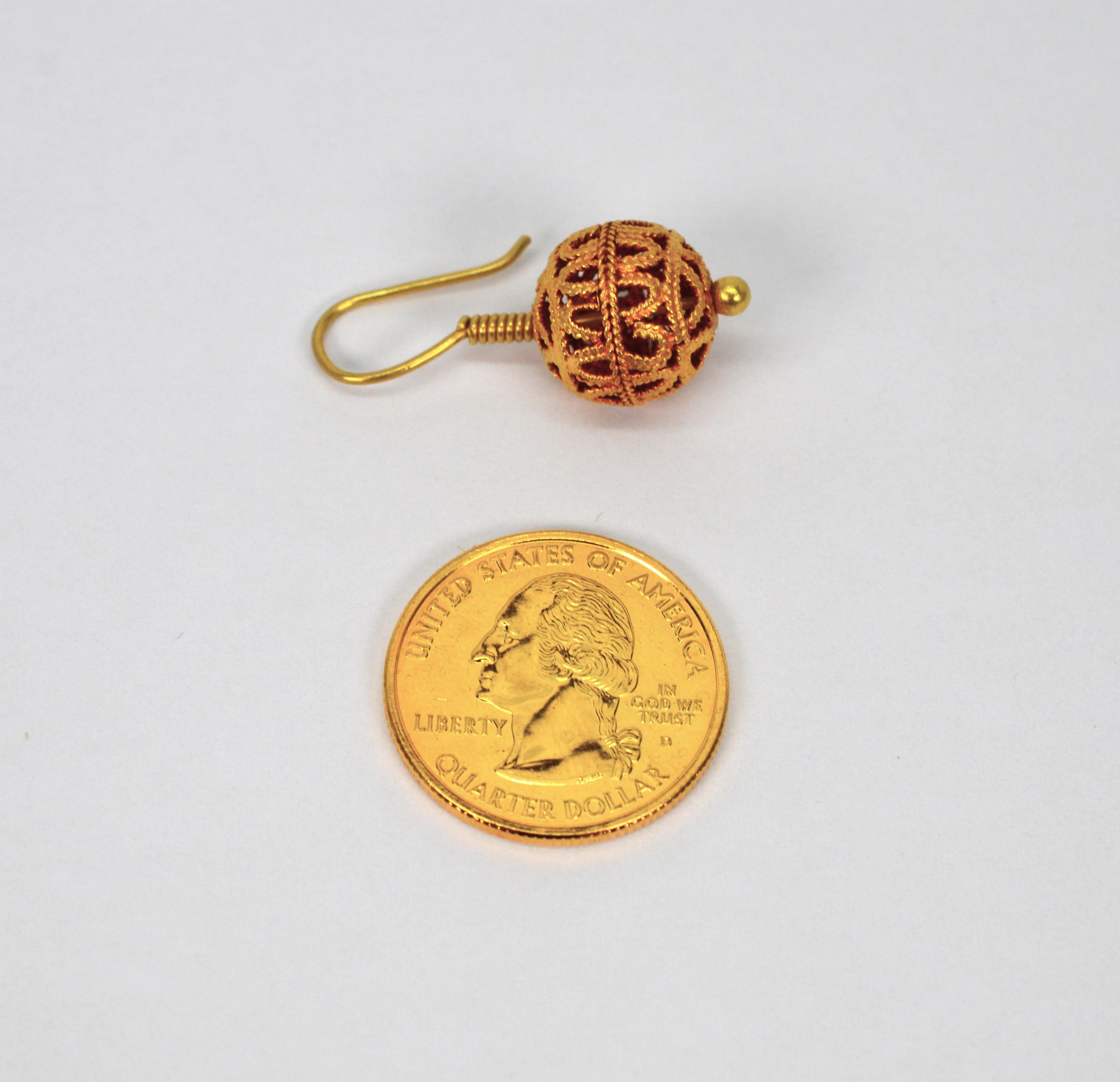 Women's 18 Karat Yellow Gold Filigree Ball Drop Earrings For Sale