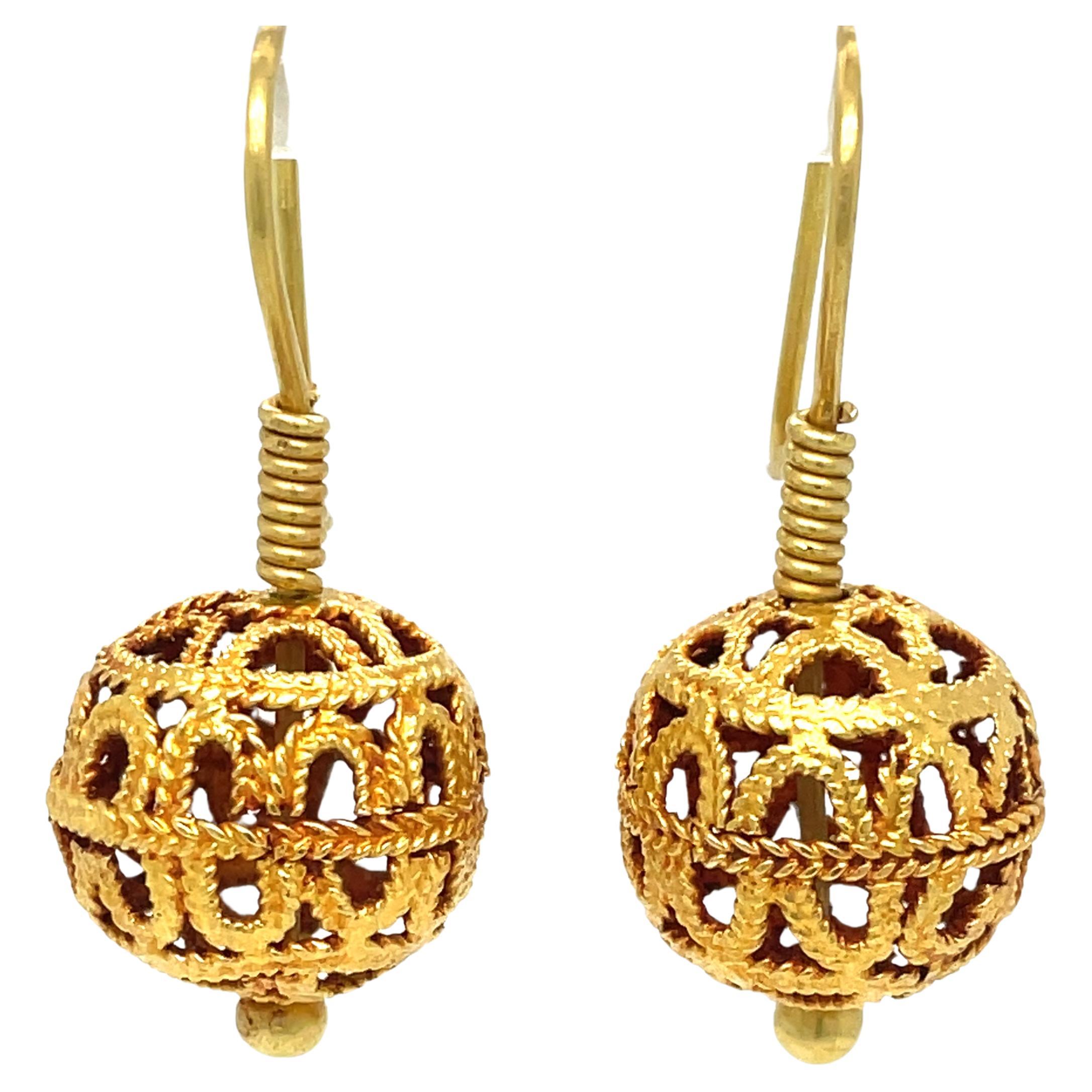18 Karat Yellow Gold Filigree Ball Drop Earrings For Sale