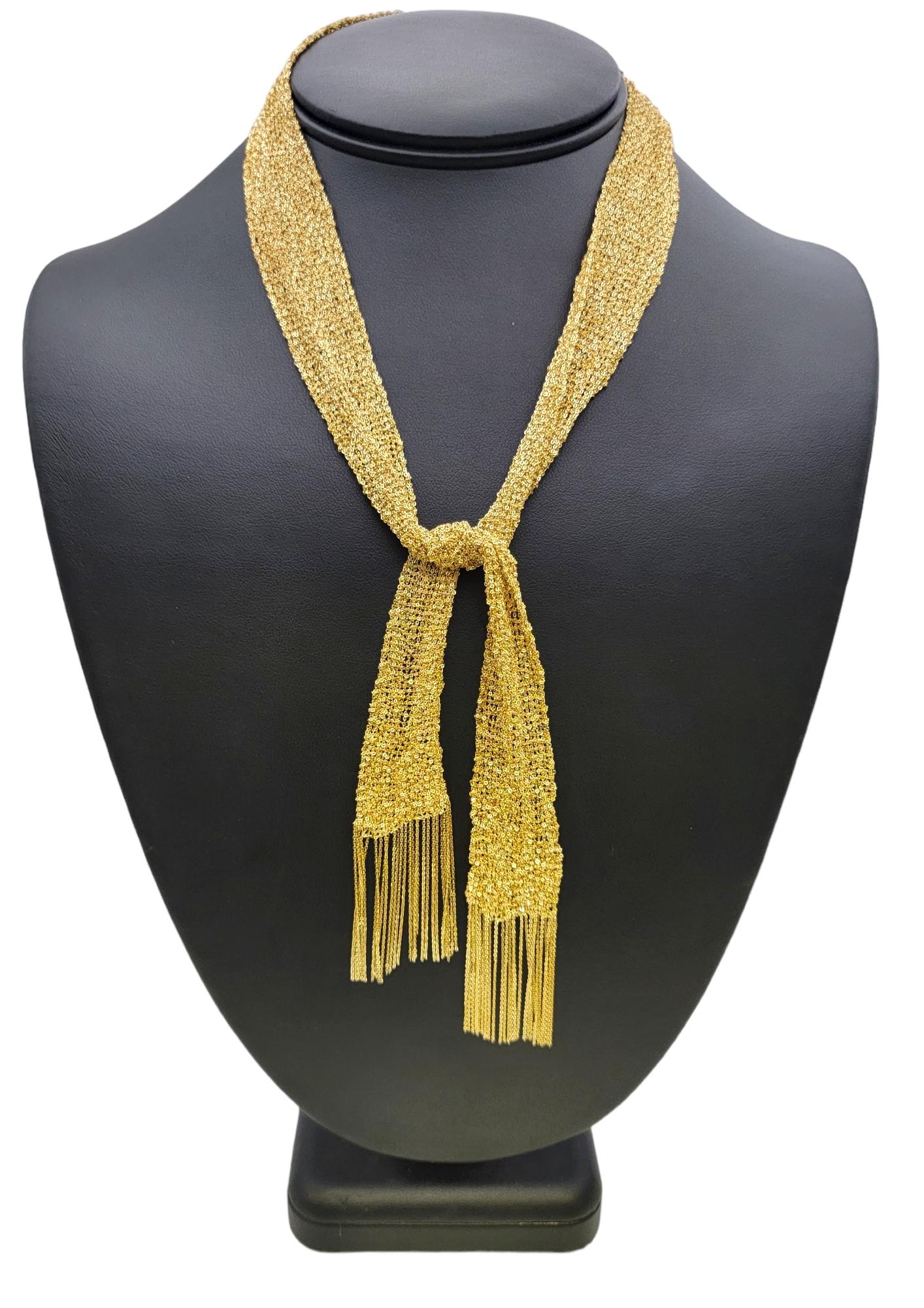 18 Karat Yellow Gold Fine Knitted Mesh Tasseled Self Tie Scarf Necklace For Sale 2