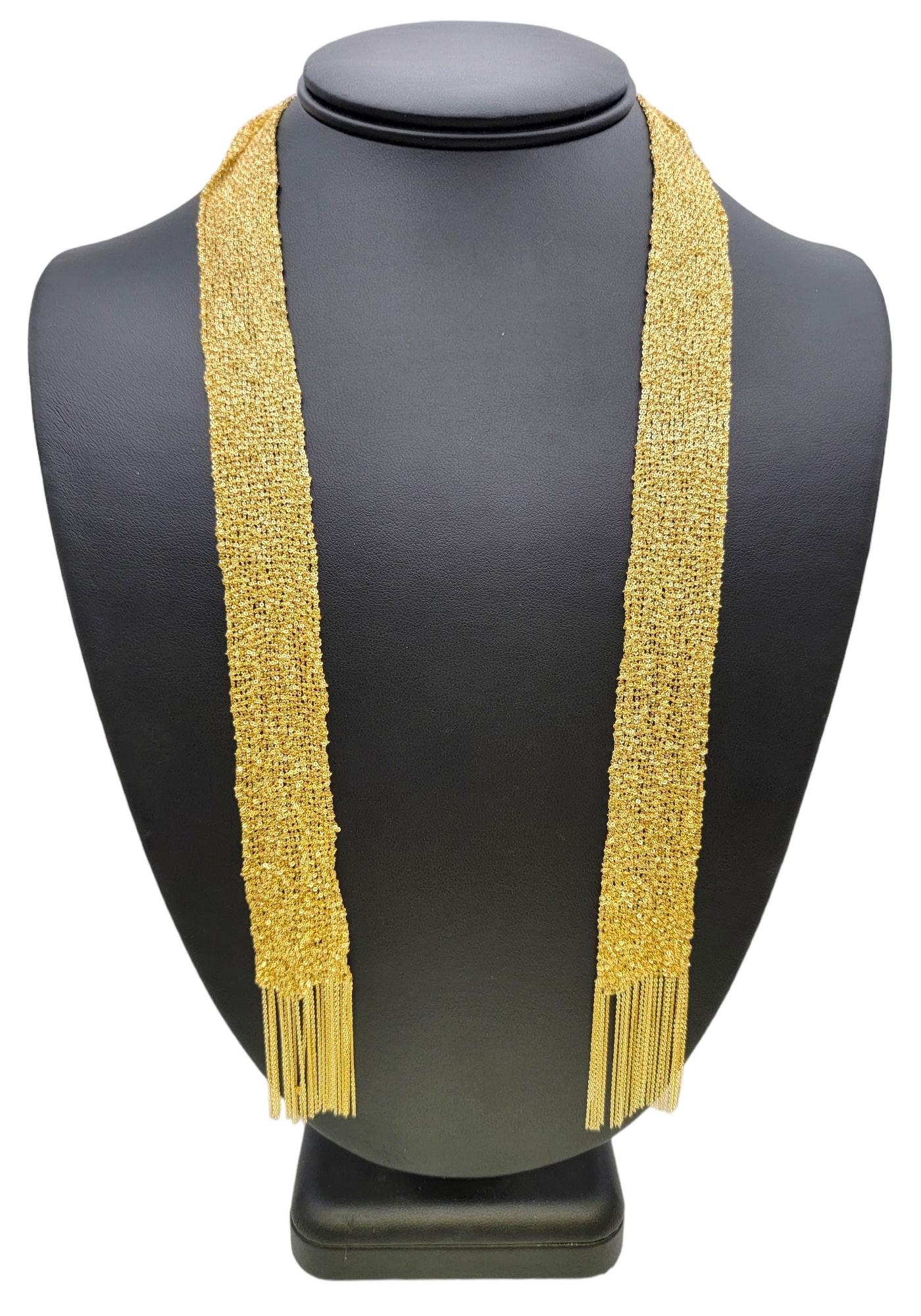 18 Karat Yellow Gold Fine Knitted Mesh Tasseled Self Tie Scarf Necklace For Sale 3