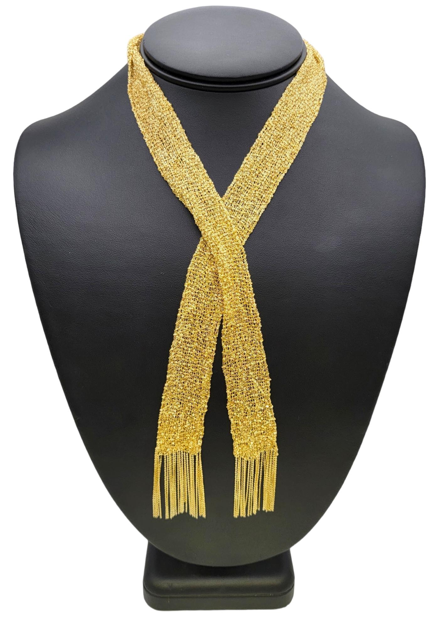 18 Karat Yellow Gold Fine Knitted Mesh Tasseled Self Tie Scarf Necklace For Sale 4
