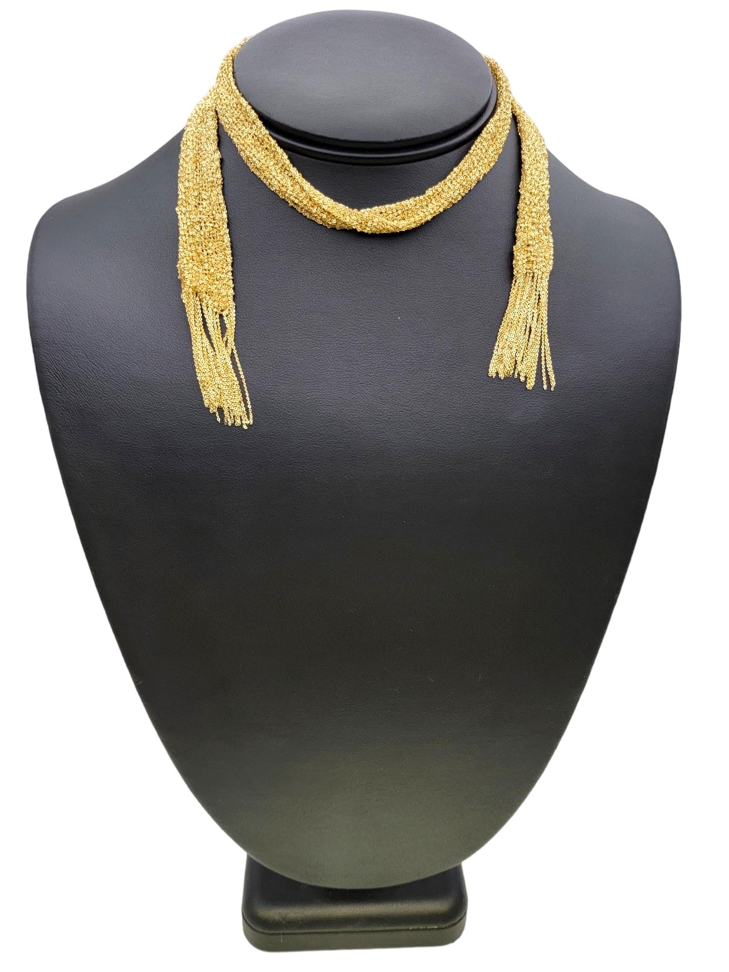 18 Karat Yellow Gold Fine Knitted Mesh Tasseled Self Tie Scarf Necklace For Sale 5