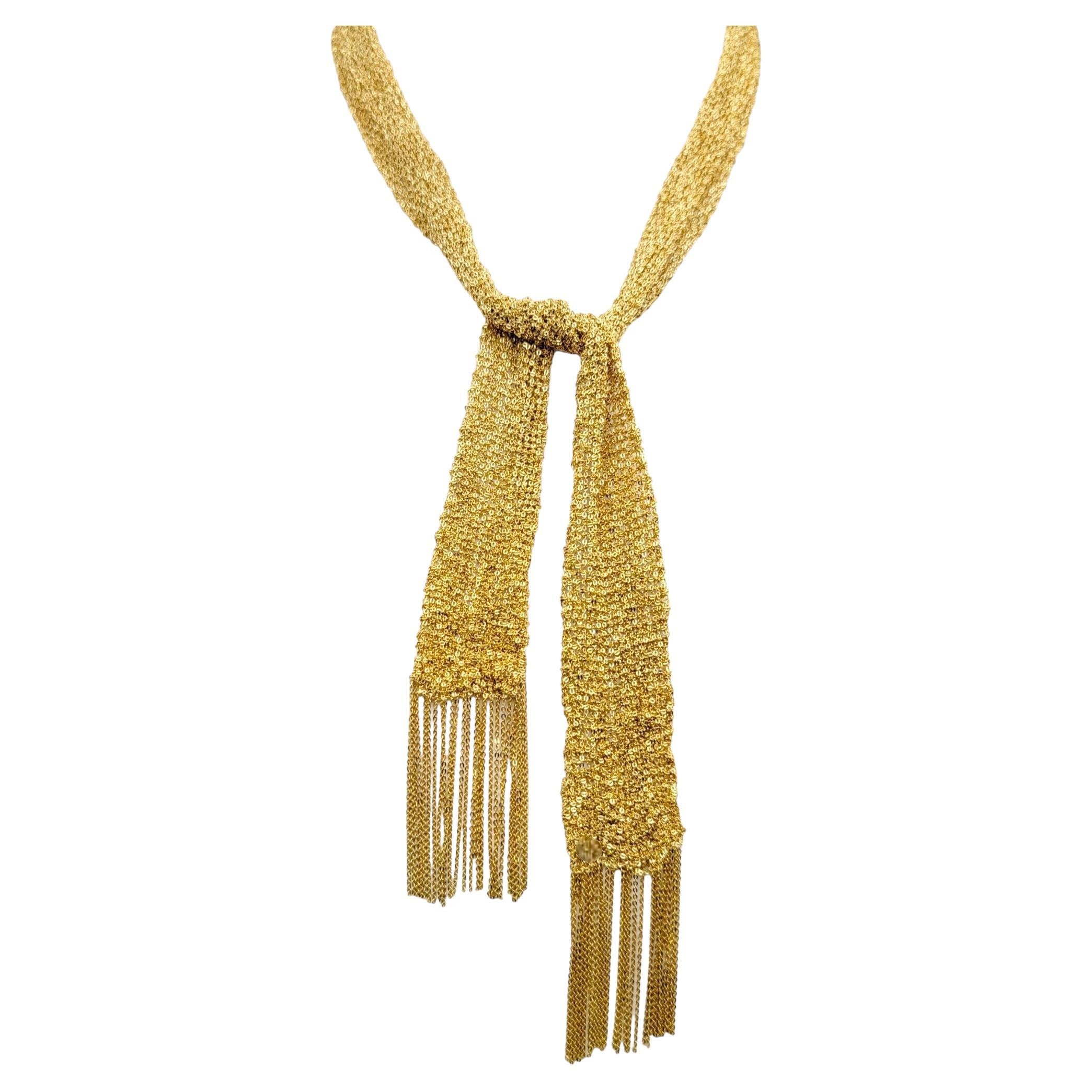 18 Karat Yellow Gold Fine Knitted Mesh Tasseled Self Tie Scarf Necklace For Sale